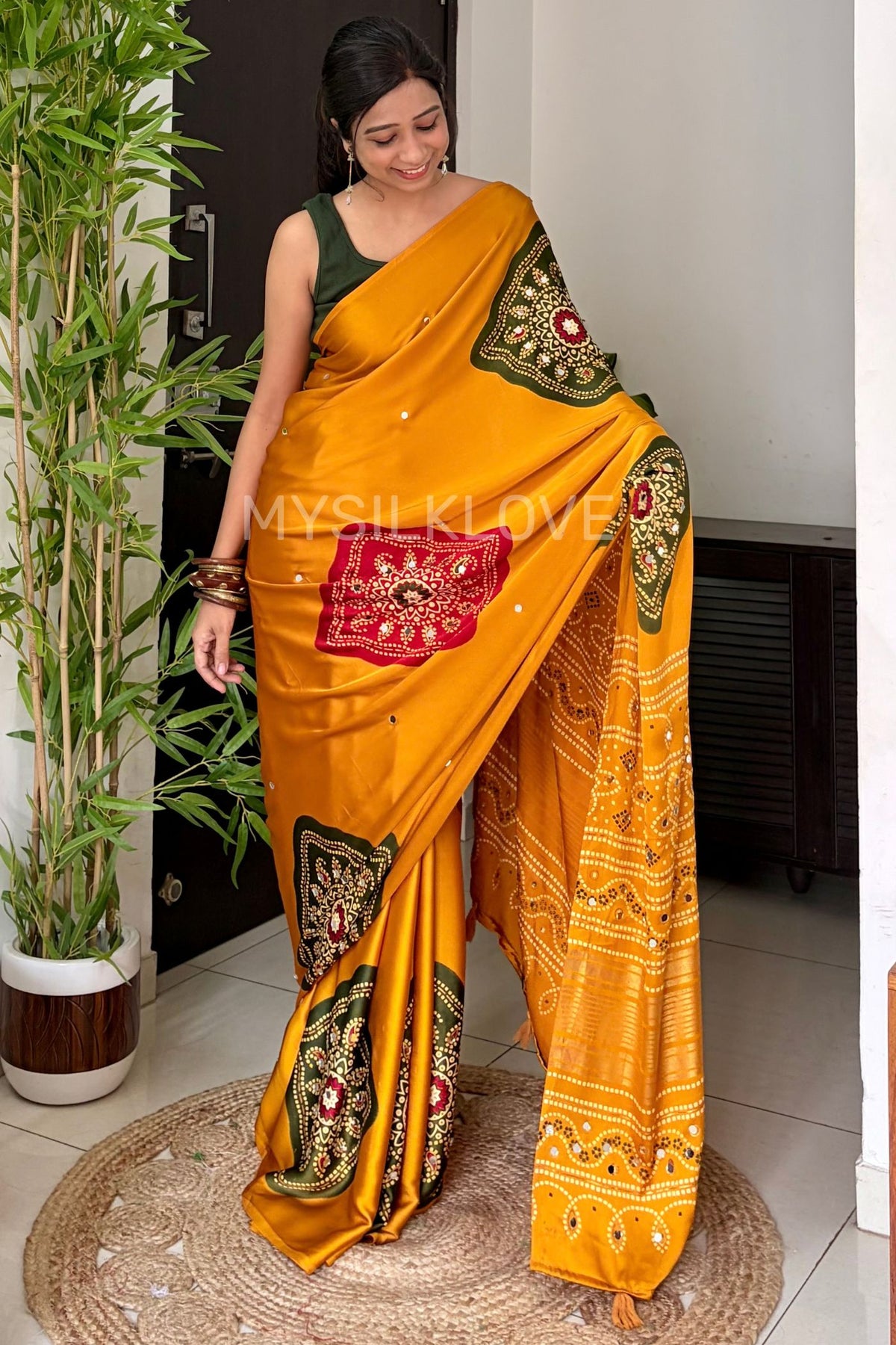 Buy MySilkLove Canary Yellow Satin Printed Bandhani Mirror Work Saree Online