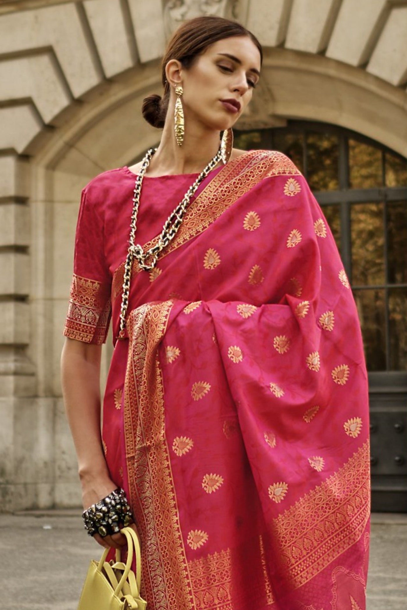 Buy MySilkLove Garden Rose Pink Banarasi Handloom Saree Online