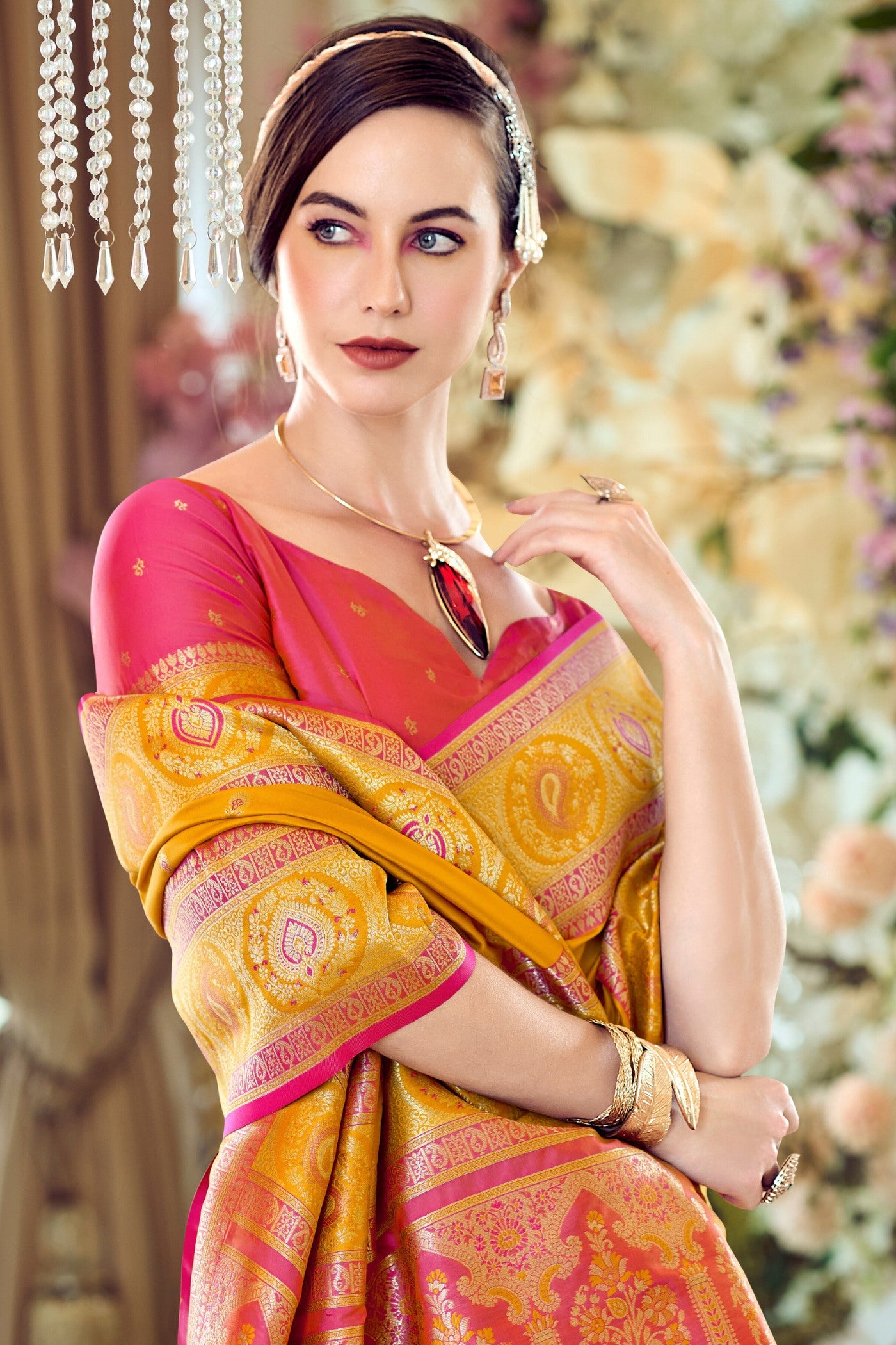 MySilkLove Fire Bush Yellow Woven Banarasi Soft Silk Saree