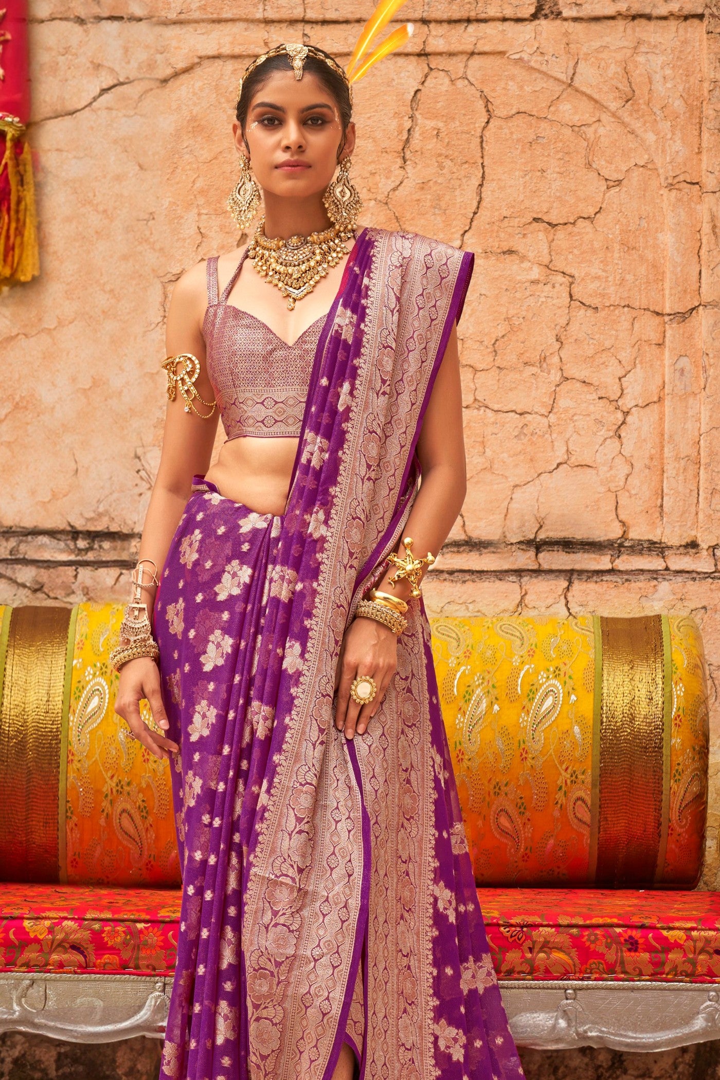 Buy MySilkLove Roseberry Purple Zari Woven Georgette Saree Online