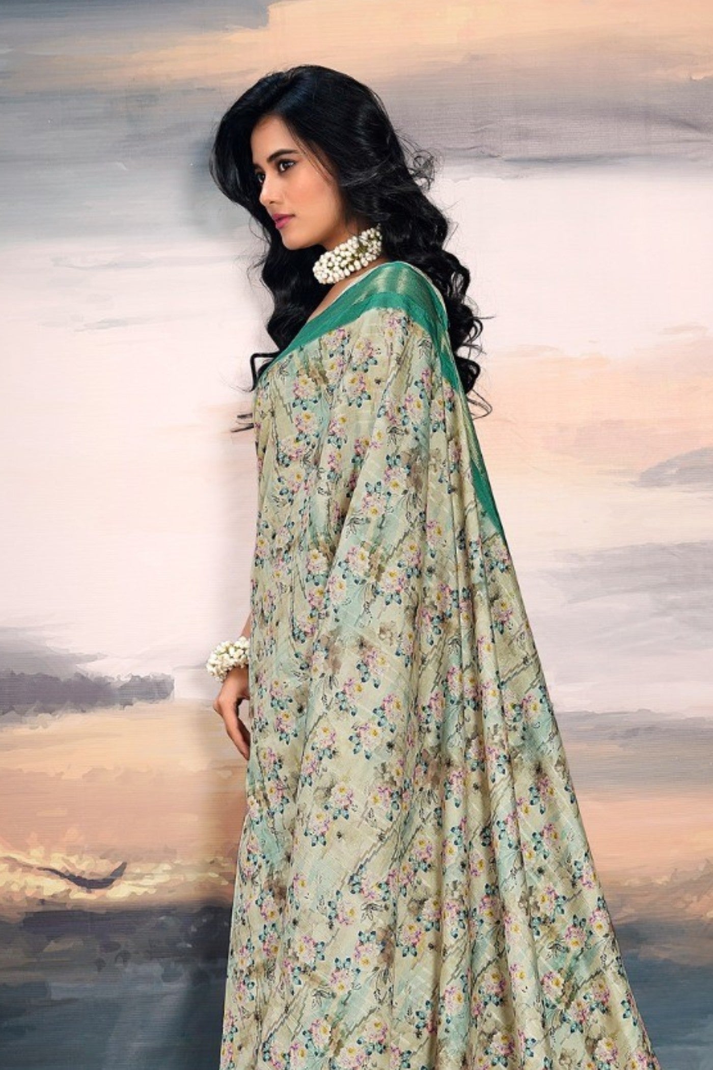 Buy MySilkLove Pale Oyster Green Digital Printed Cotton Saree Online