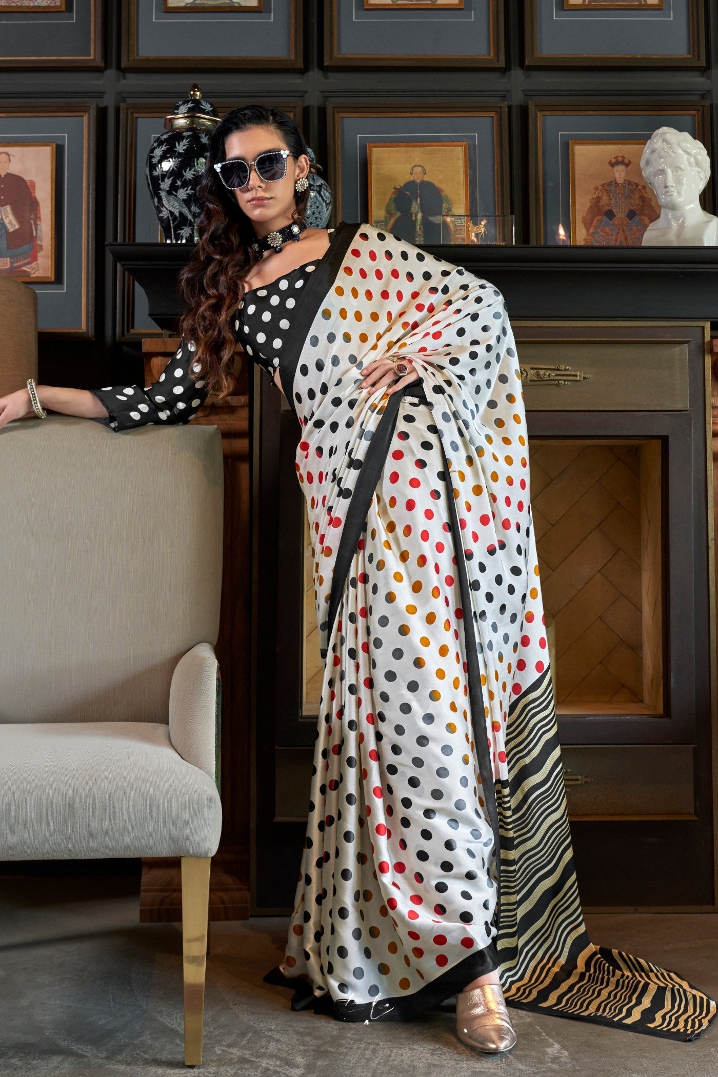 Buy MySilkLove Porcelain White and Black Patola Printed Satin Crepe Saree Online