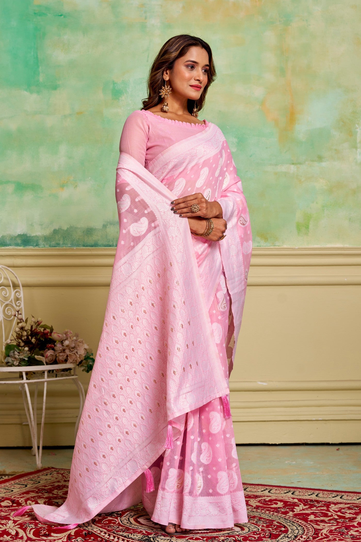 Buy MySilkLove Carnation Pink Woven Cotton Saree Online