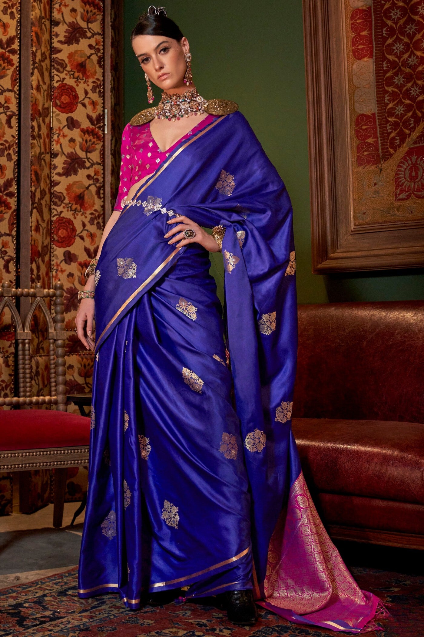 Buy MySilkLove Royal Blue Banarasi Satin Saree Online