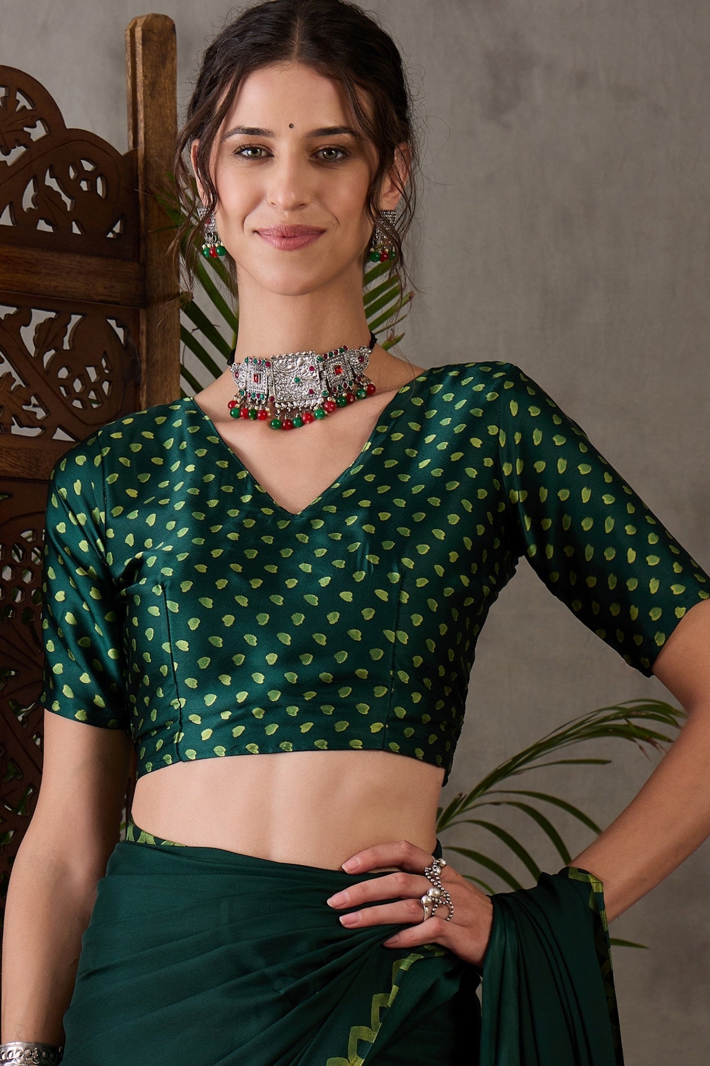 Buy MySilkLove Dark Leaf Green Printed Satin Gaji Silk Saree Online