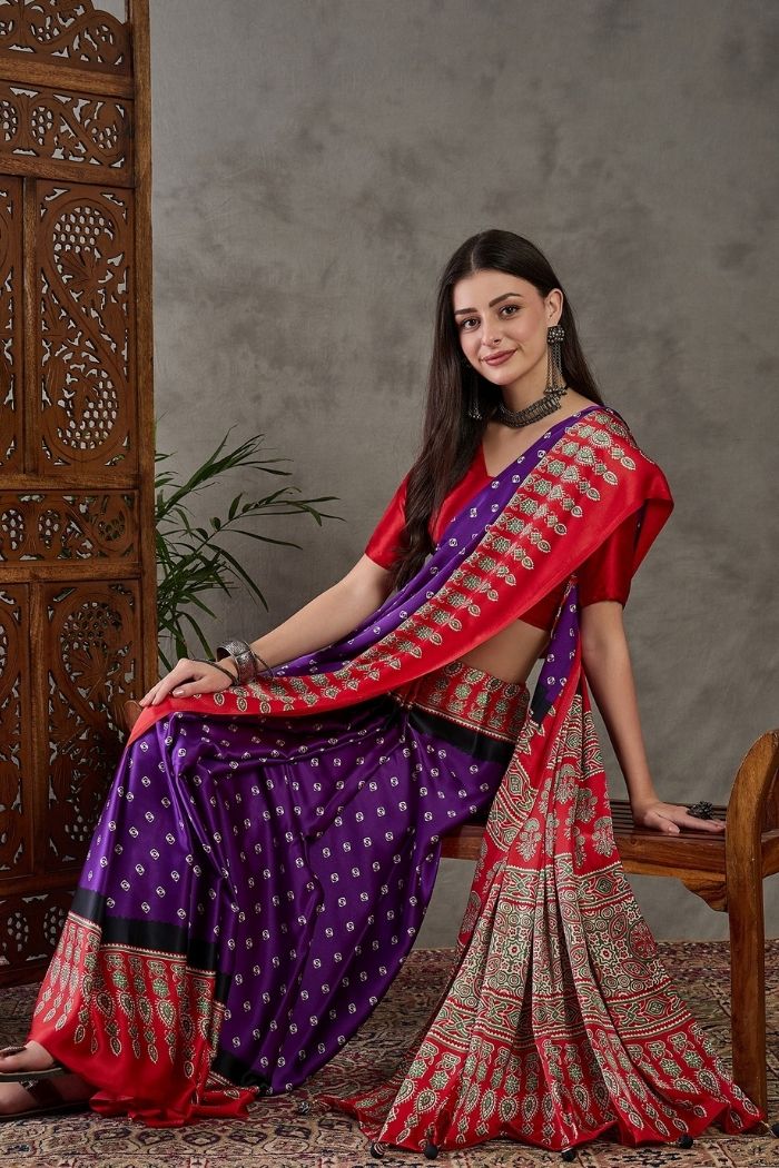 MySilkLove Grape Purple and Red Ajrakh Printed Satin Gaji Silk Saree