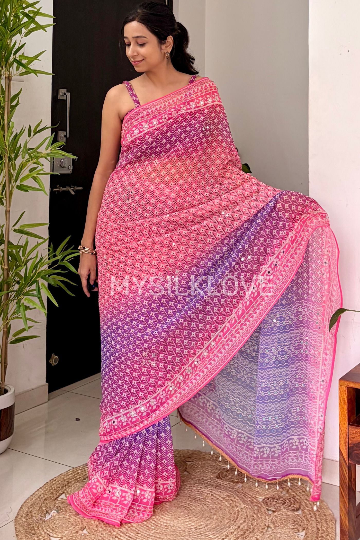 MySilkLove Kareena Kapoor Inspired: Pink Ajrakh Georgette Mirror Work Saree