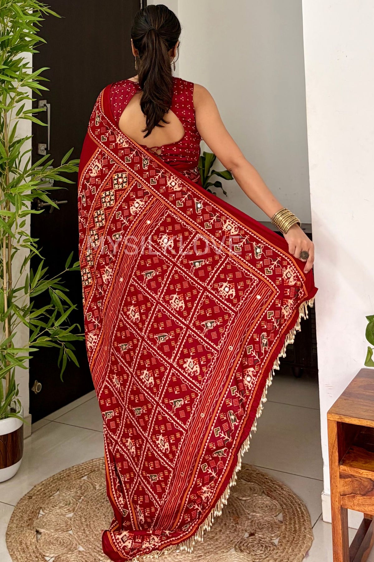 Buy MySilkLove Vermilion Red Patola Pallu Embroidery Mirror Work Modal Soft Silk Saree Online
