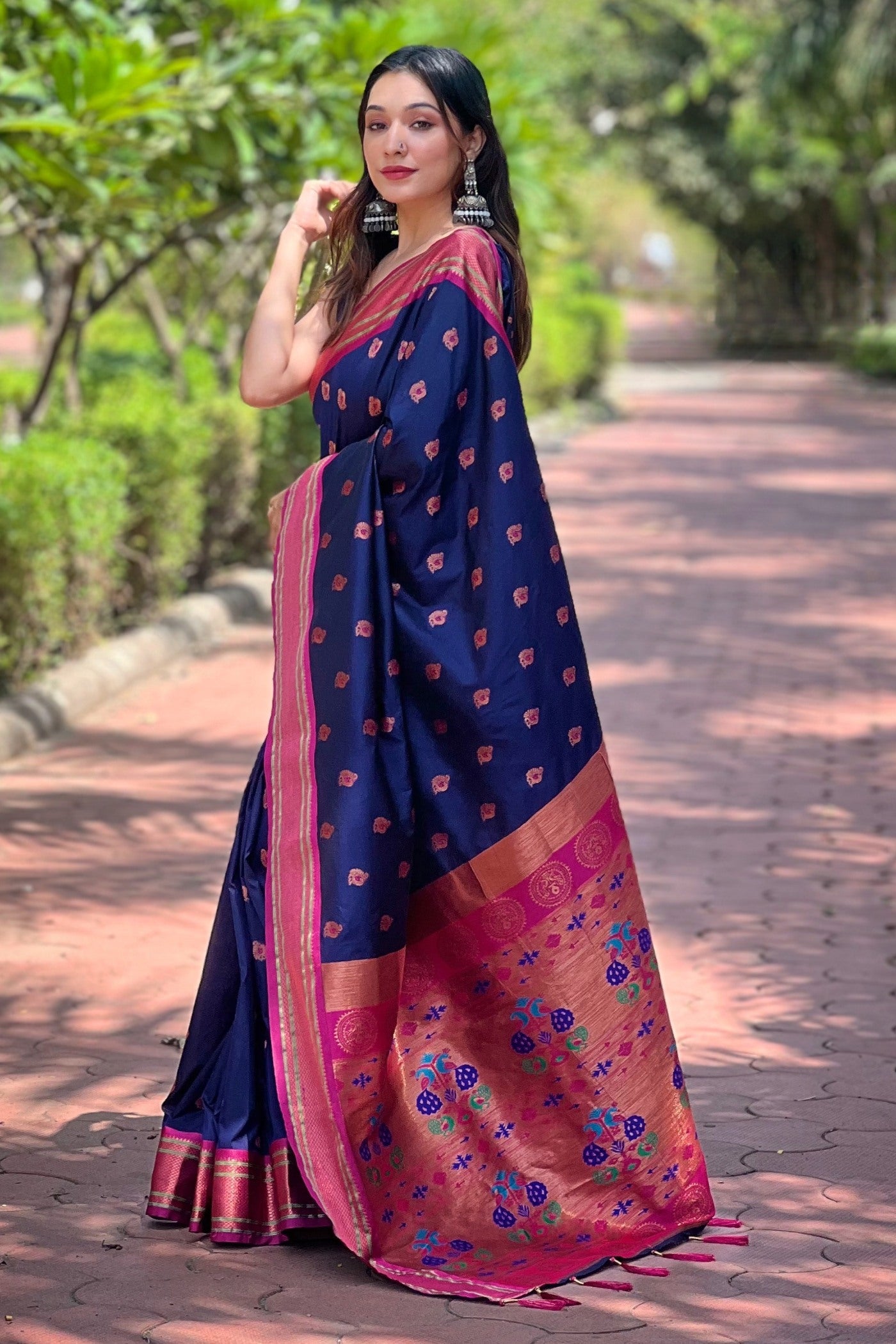 Buy MySilkLove Navy Blue Woven Paithani Saree Online