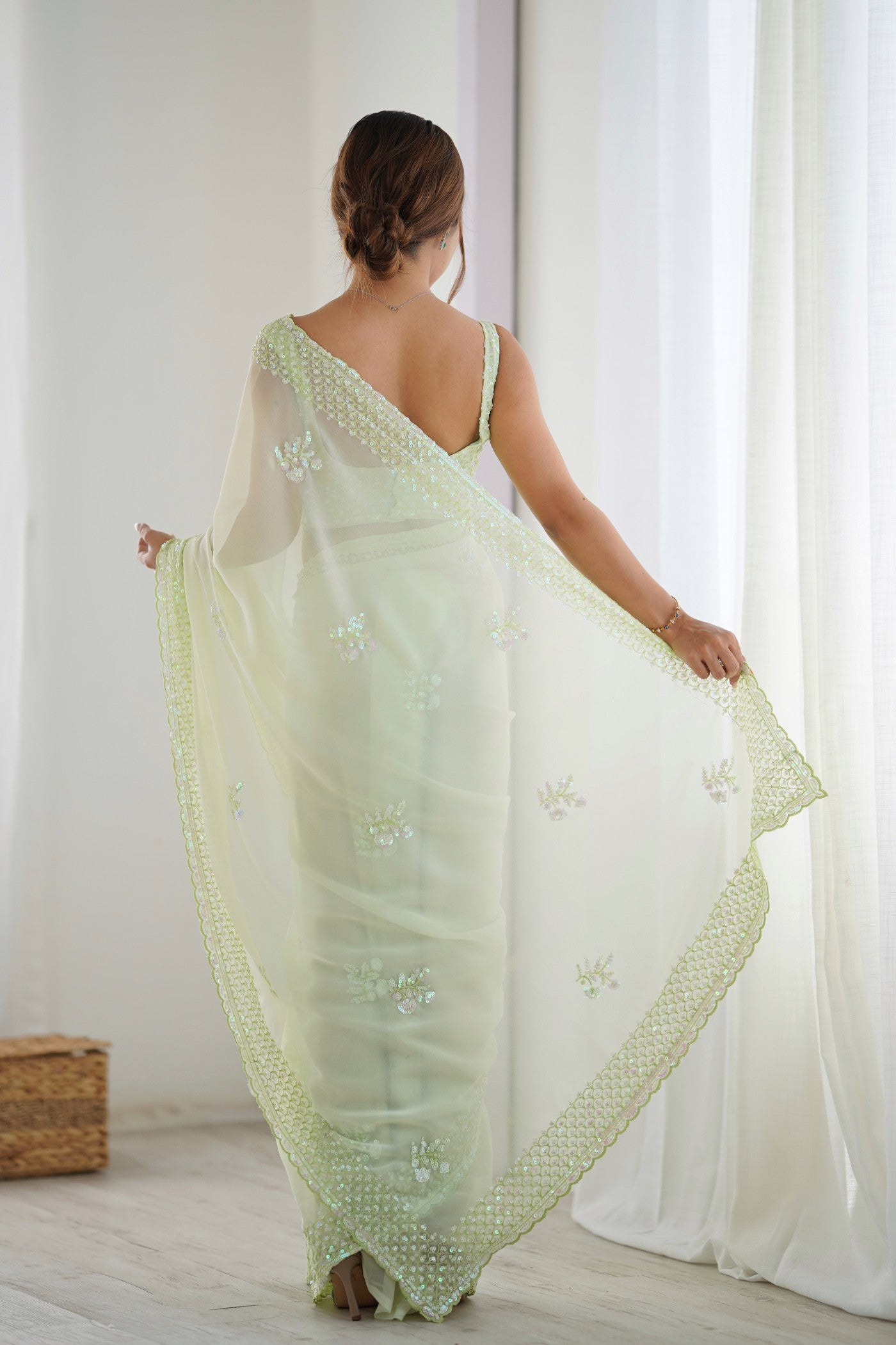 Buy MySilkLove Pista Green Georgette Partywear Saree Online