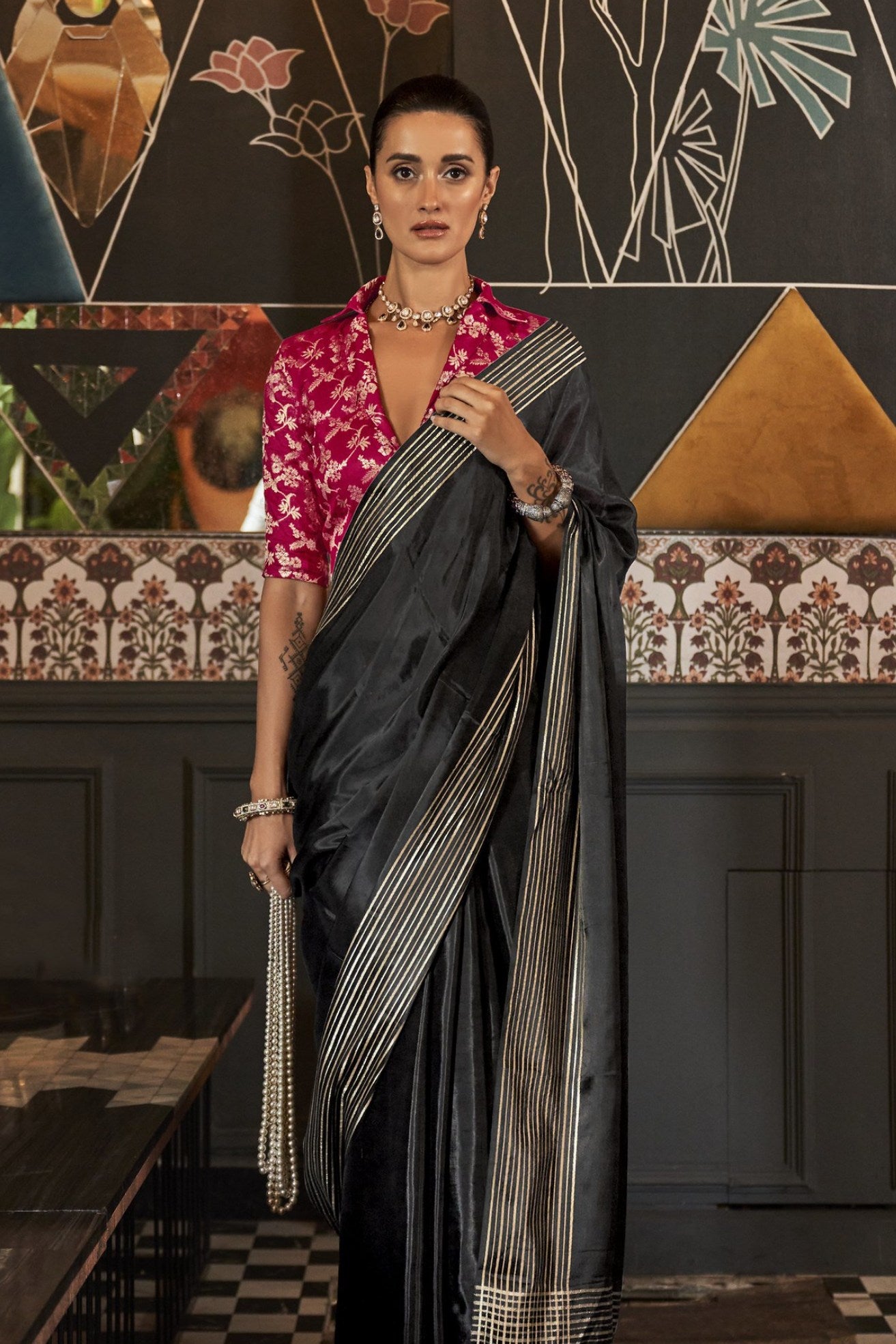 Buy MySilkLove Eerie Black Viscose Satin Handloom Saree Online