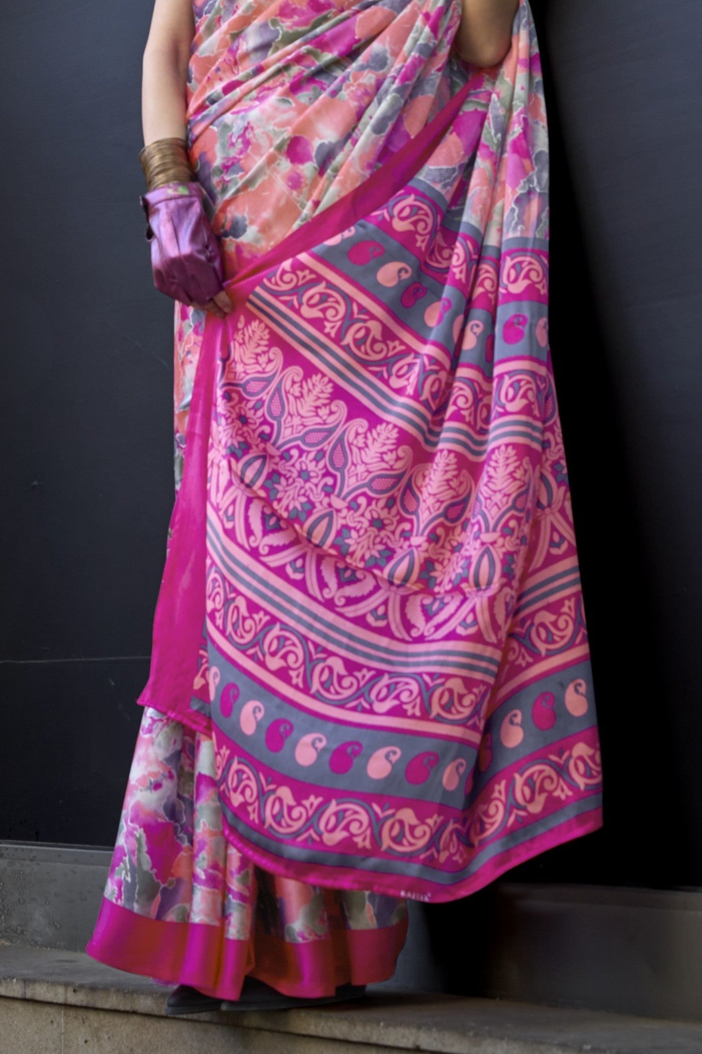 Buy MySilkLove Punch Pink Printed Satin Crepe Silk Saree Online