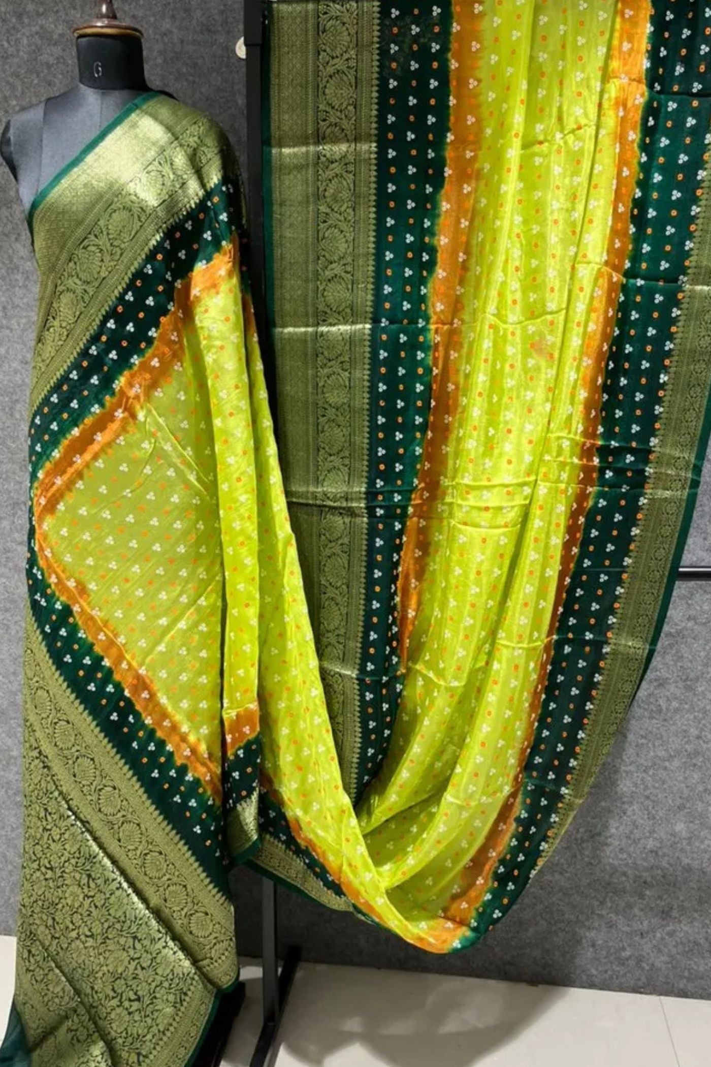 Buy MySilkLove Hunter Green and Orange Bandhani Zari Woven Silk Saree Online