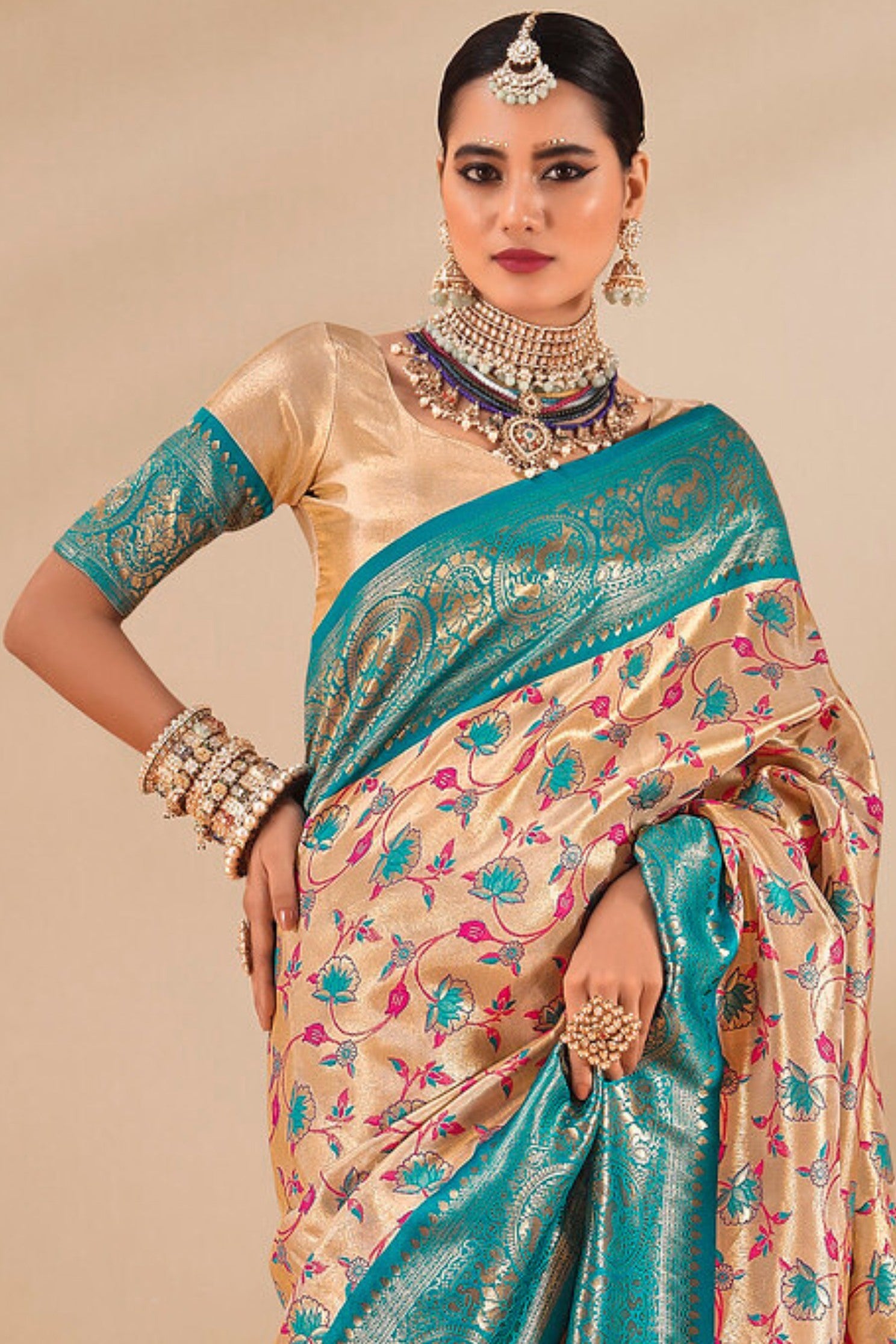 Buy MySilkLove Sandy Beach Cream and Blue Zari Woven Banarasi Saree Online