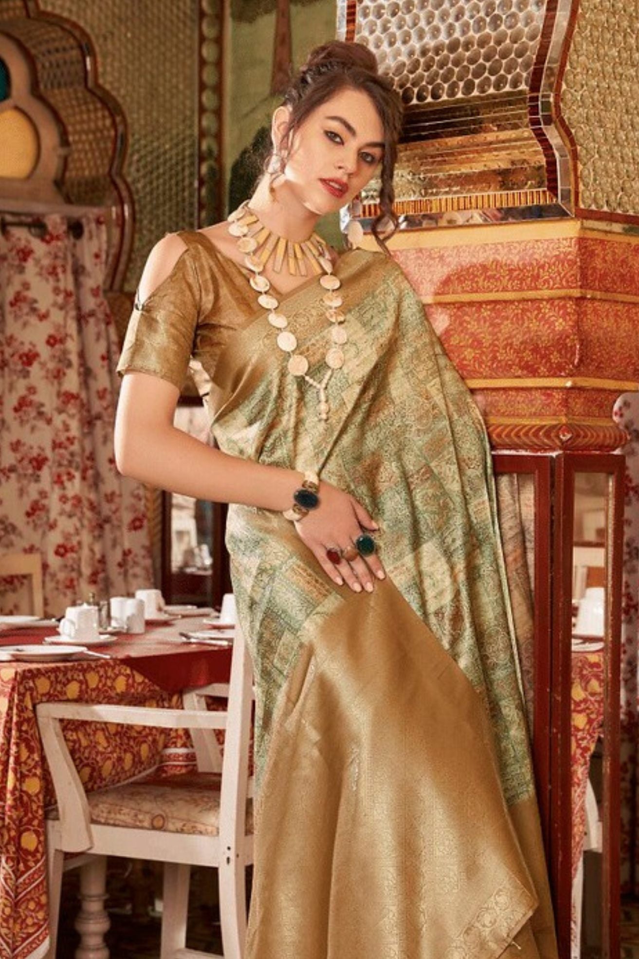 Buy MySilkLove Tan Brown Banarasi Digital Printed Saree Online