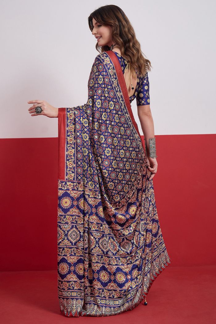 Buy MySilkLove Azure Blue Modal Ajrakh Satin Printed Mirror Work Saree Online