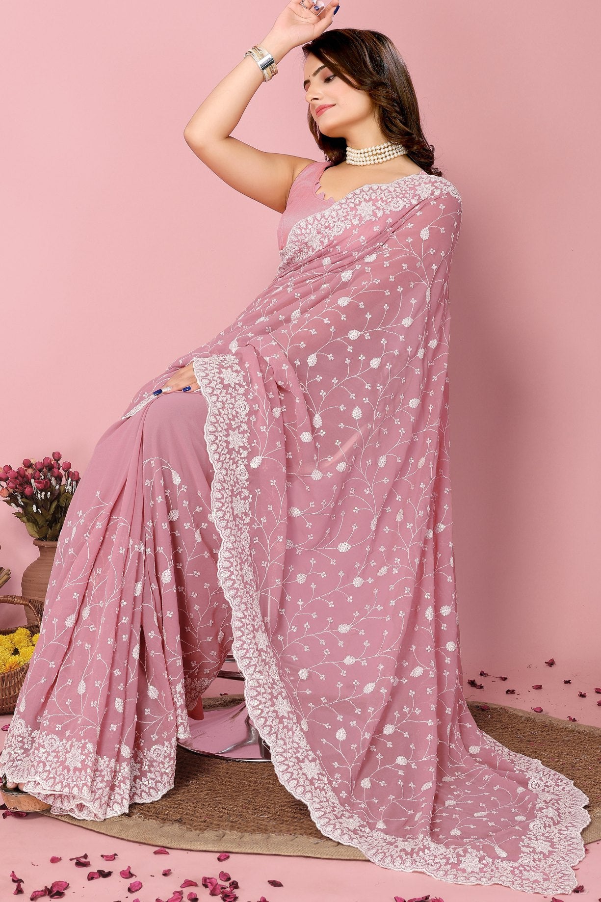 Buy MySilkLove Blossom Pink Georgette Embroidered Silk Saree Online