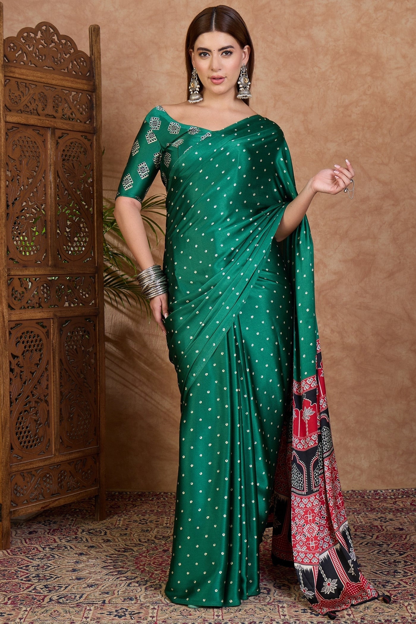 Buy MySilkLove Marrs Green Ajrakh Printed Satin Crepe Silk Saree Online