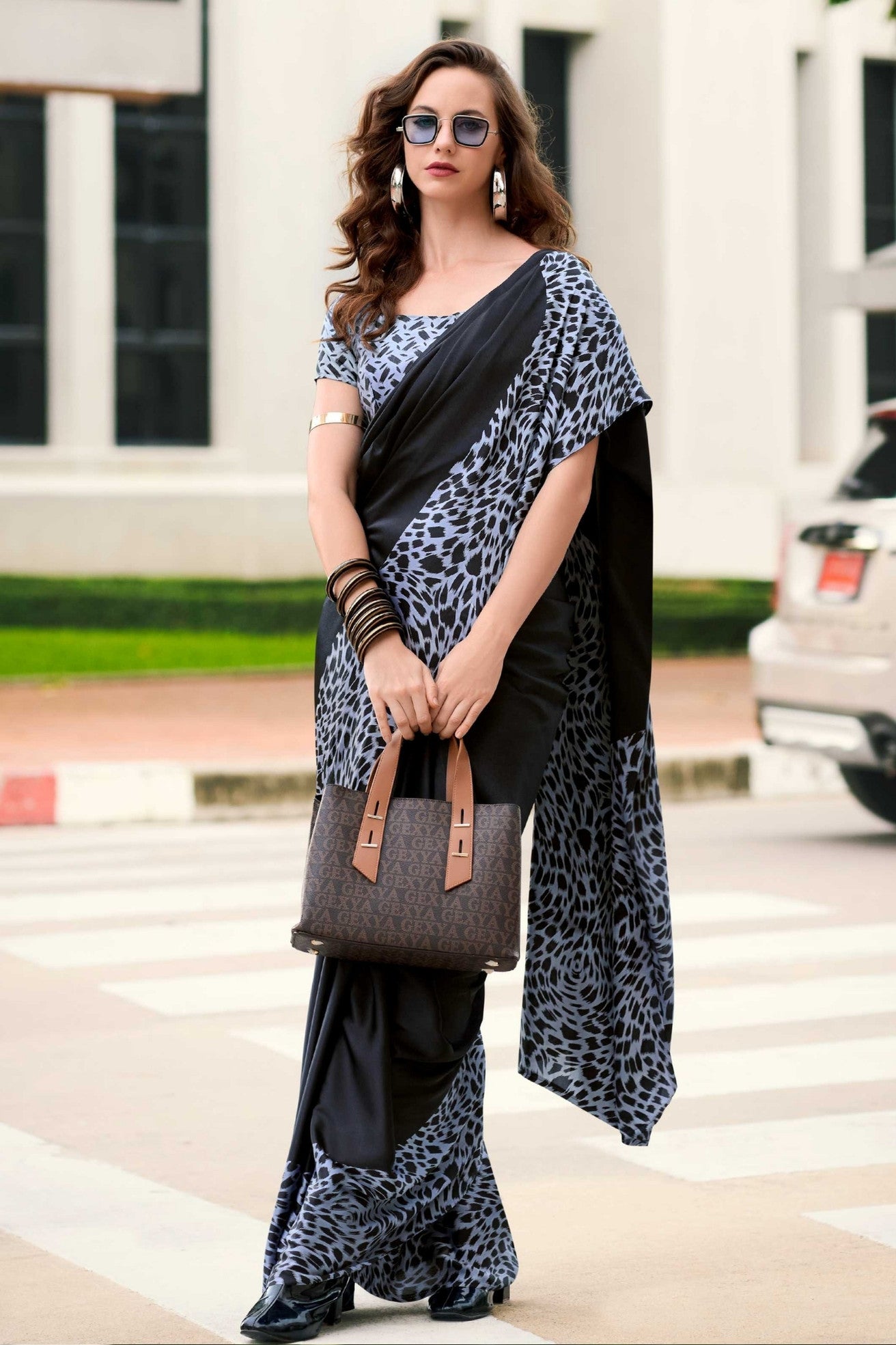 Buy MySilkLove Soot Black Printed Satin Crepe Saree Online