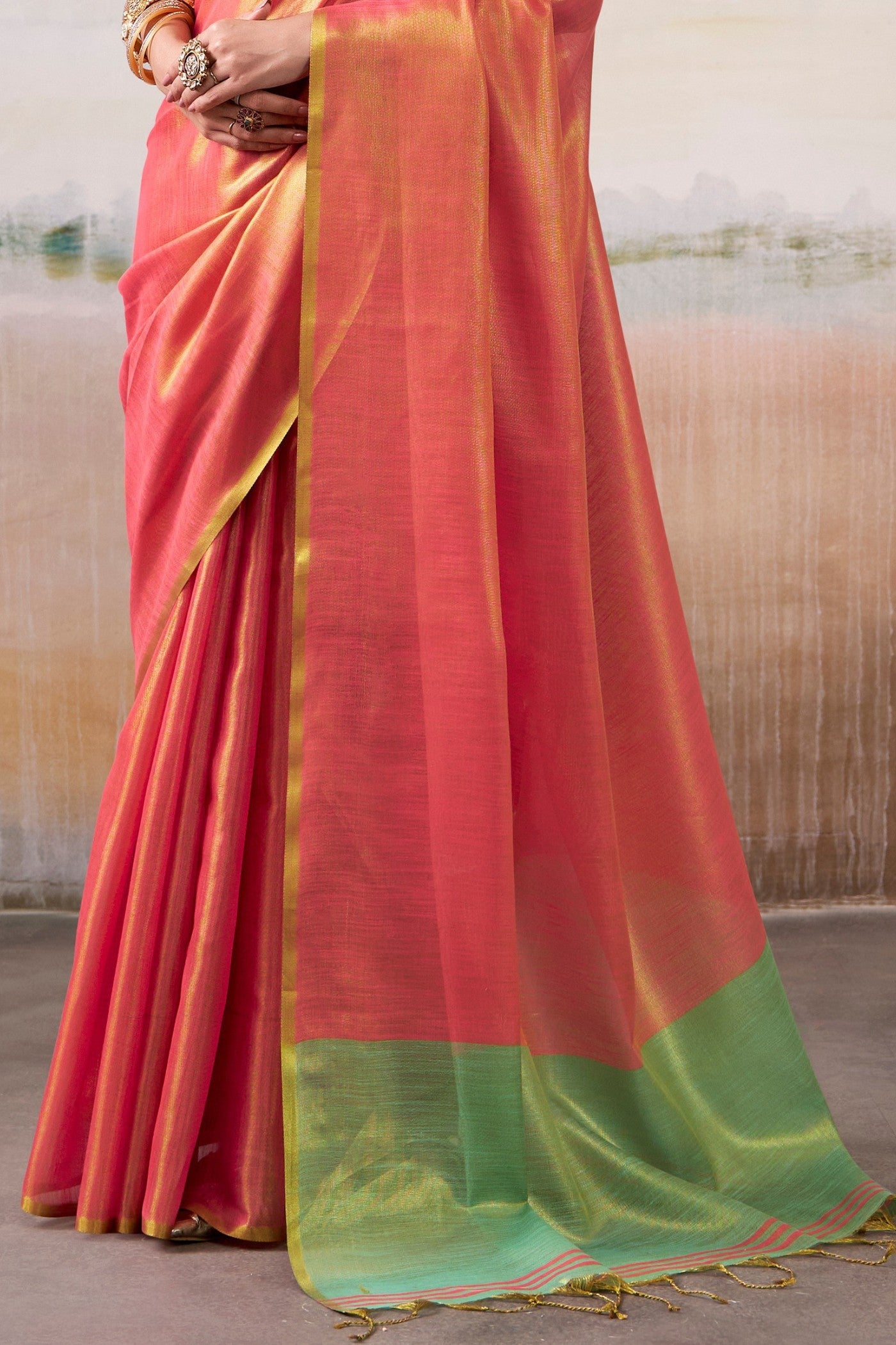 Buy MySilkLove Gamboge Orange Handloom Tissue Saree Online