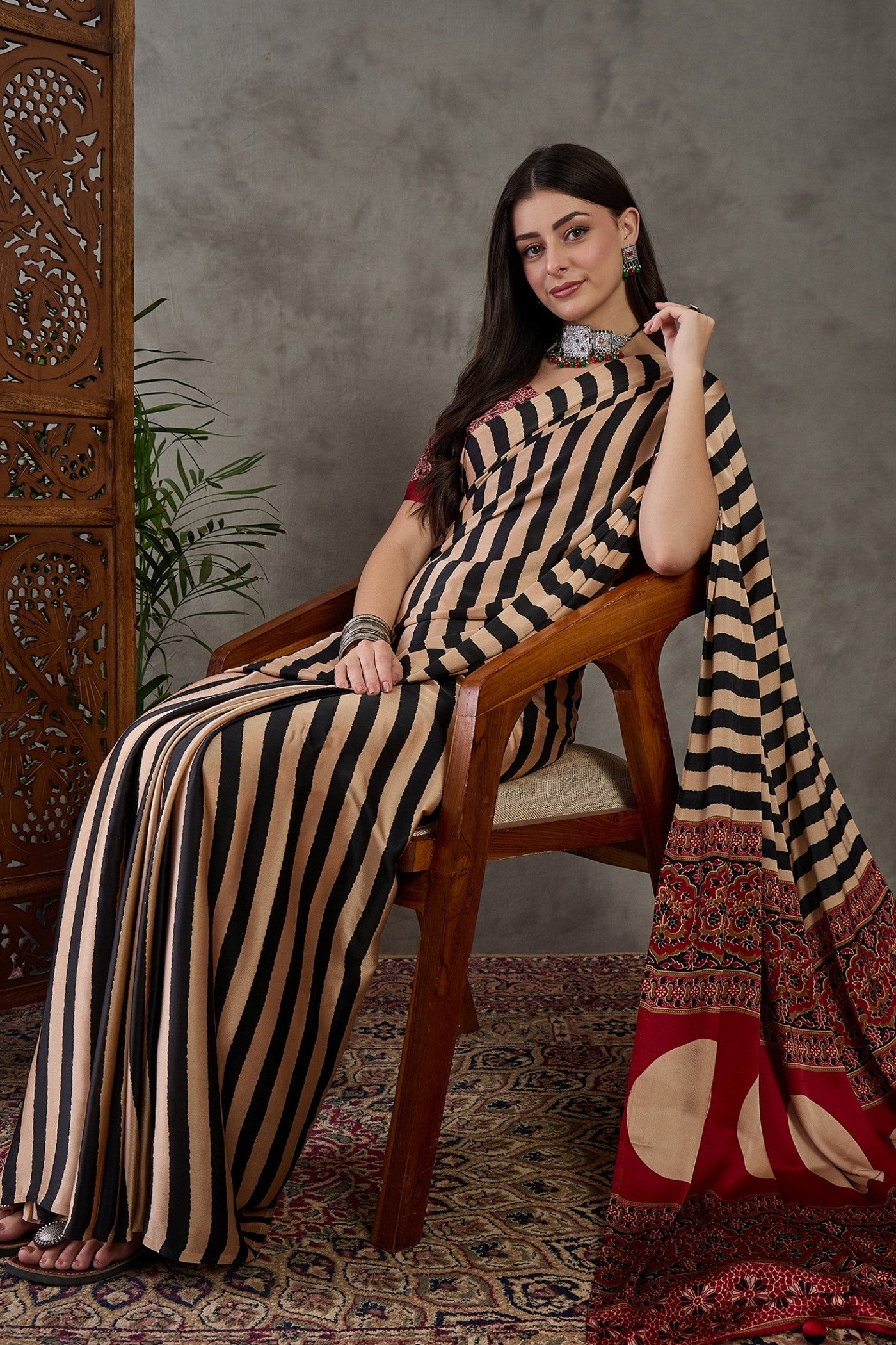 Buy MySilkLove Buff Cream Stripe Ajrakh Printed Satin Gaji Silk Saree Online