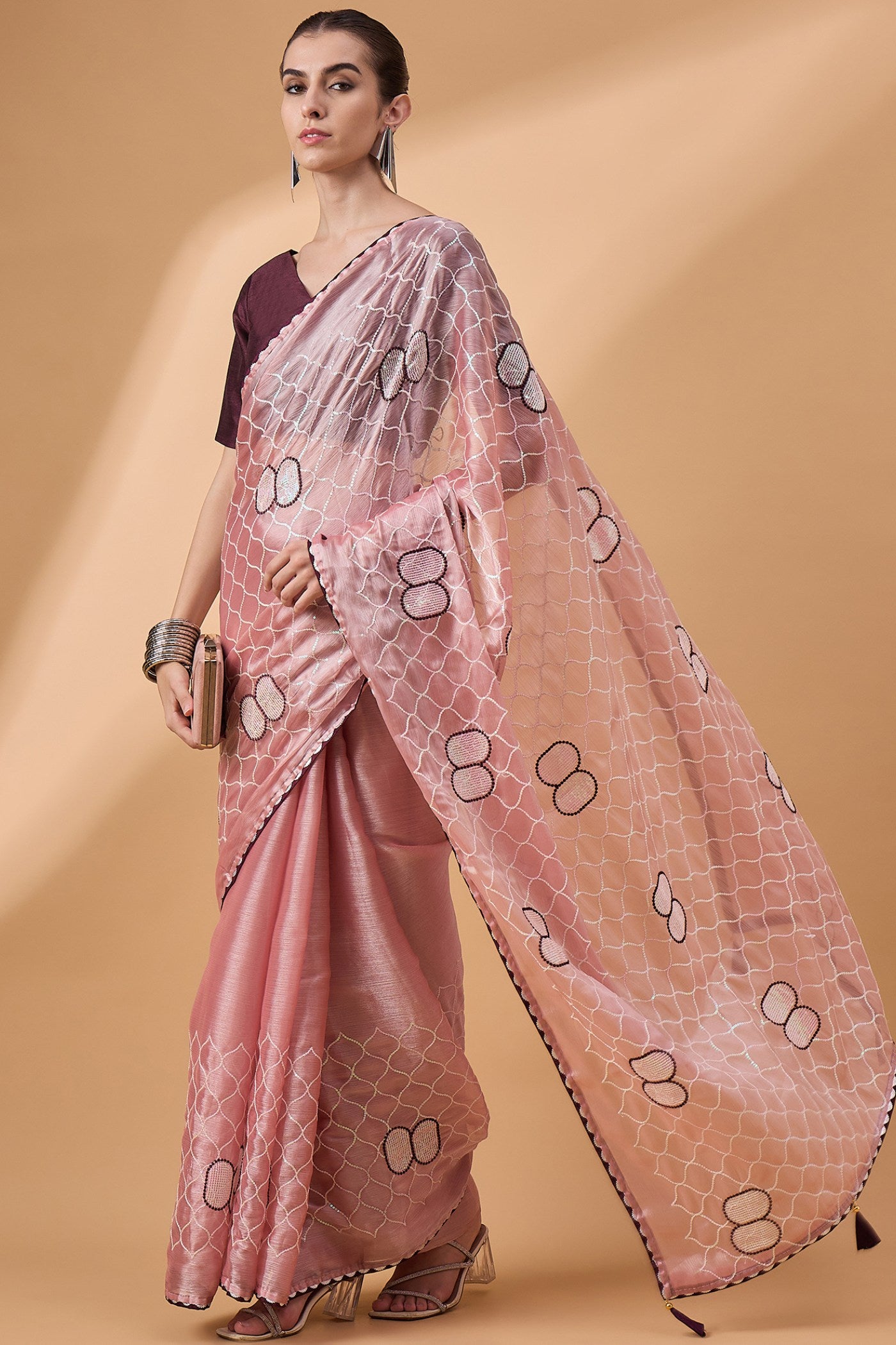 MySilkLove Old Rose Pink Organza Partywear Saree