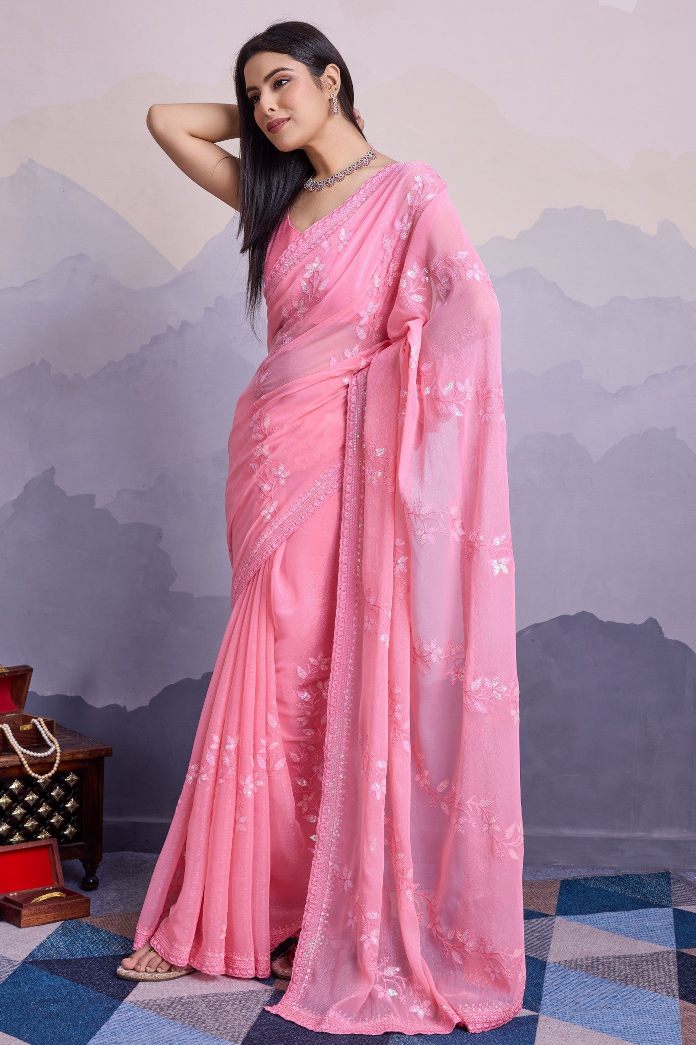 Buy MySilkLove Creamy Pink Embroidered Designer Chiffon Saree Online