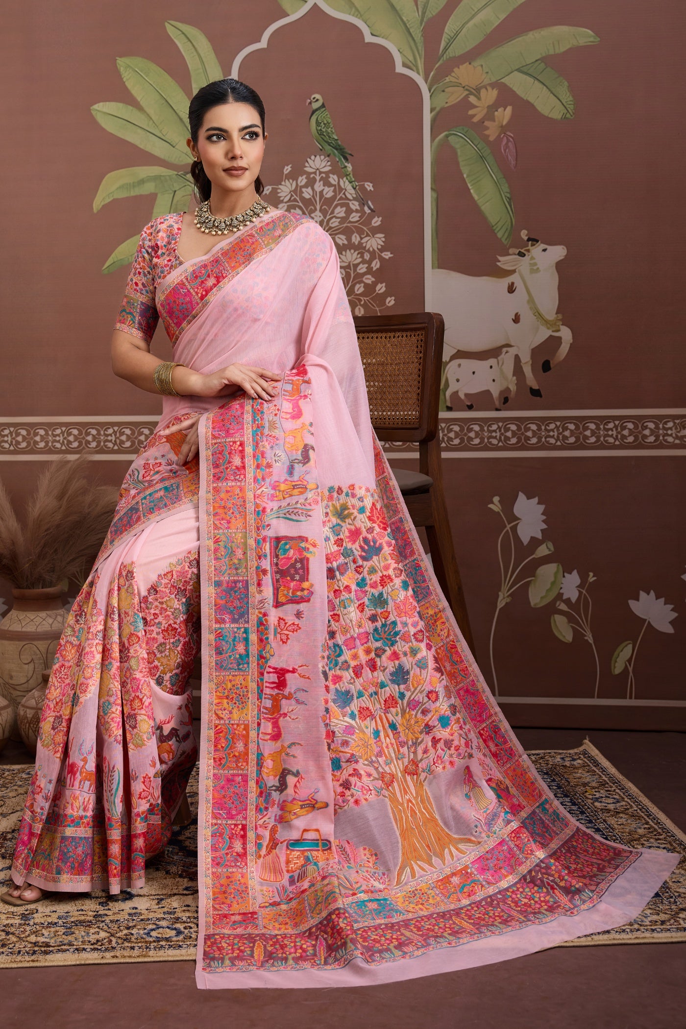 Buy MySilkLove Rose Pink Kashmiri Handllom Jamewar Saree Online
