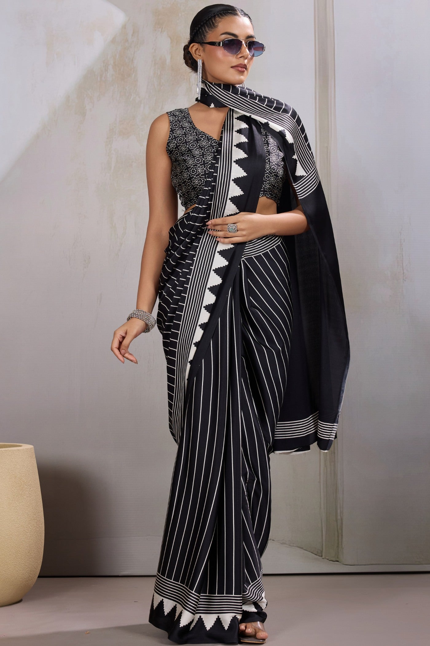 Buy MySilkLove Taupe Black Ajrakh Printed Satin Crepe Silk Saree Online