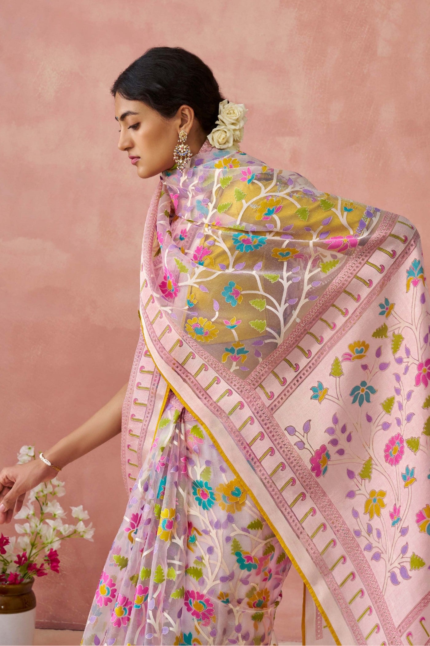 Buy MySilkLove Quicksand Pink Brasso Organza Printed Saree Online