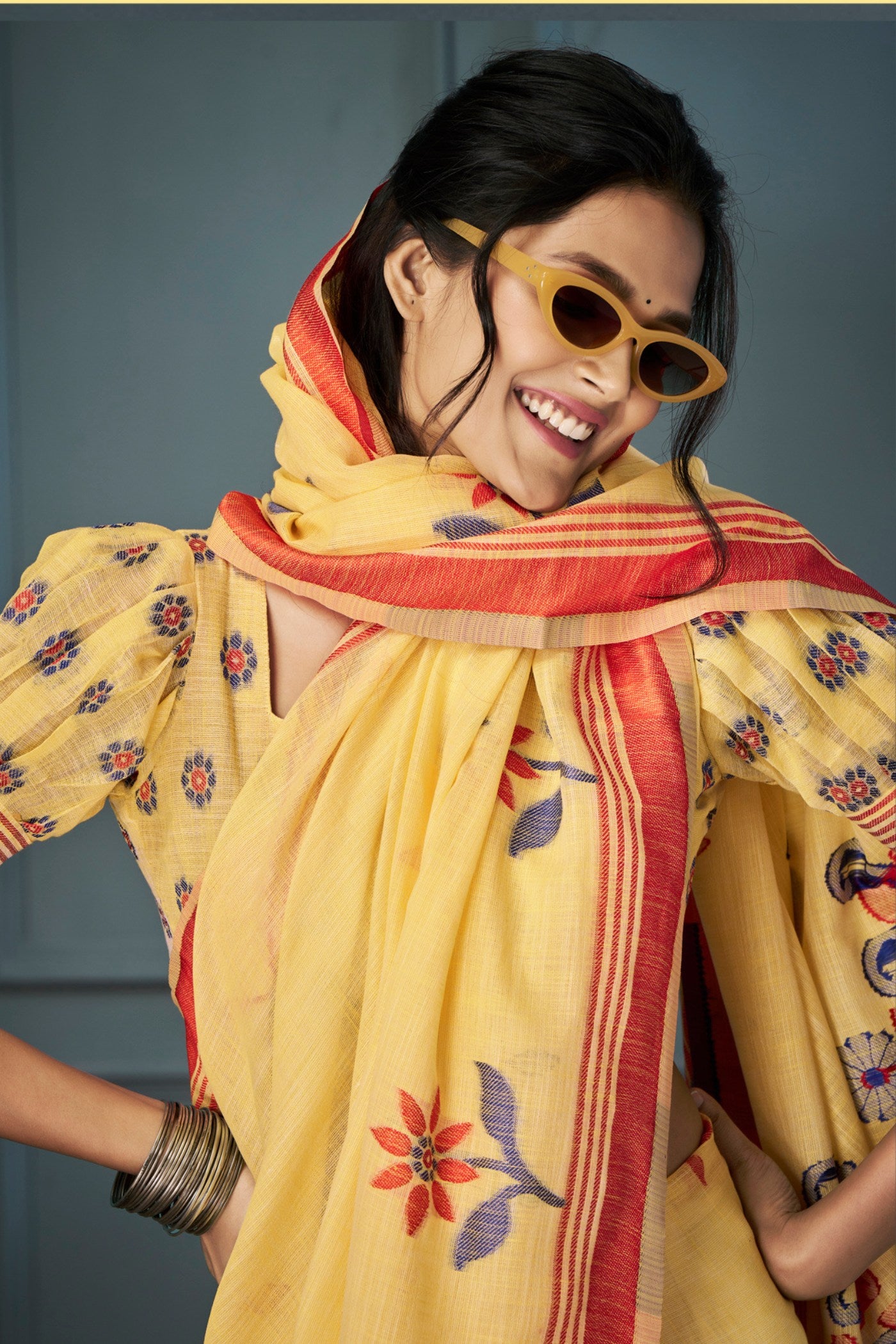 Buy MySilkLove Sunset Pearl Yellow Handloom Linen Saree Online