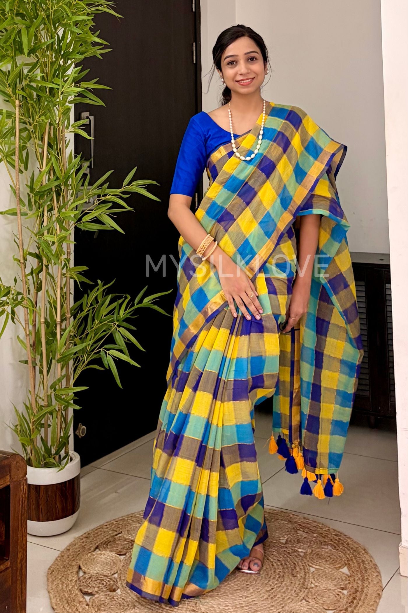 Buy MySilkLove Multicolor Yellow Pure Mul Mul Cotton Checks Pattern Zari woven saree Online