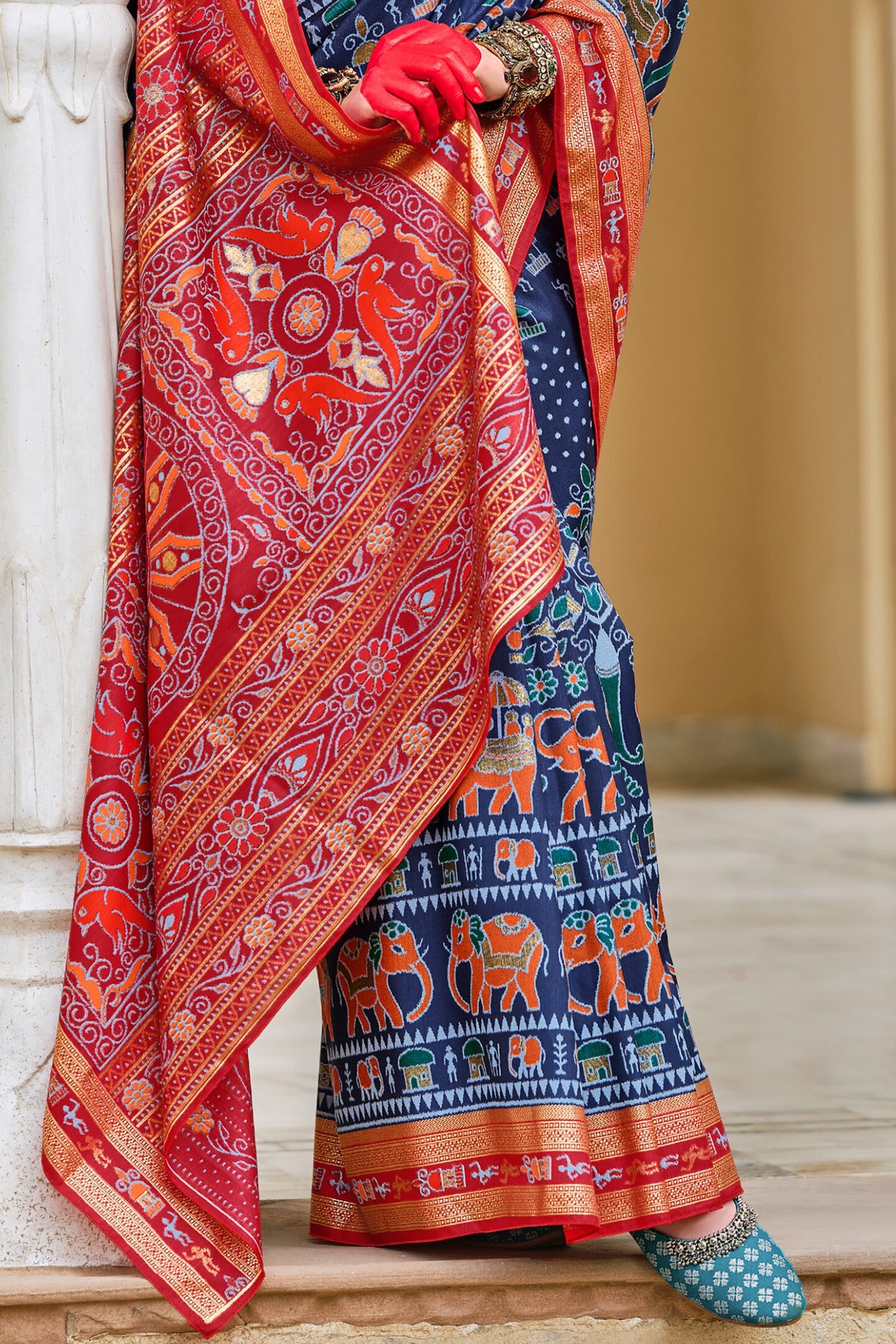 Buy MySilkLove Oxford Blue and Red Printed Patola Saree Online