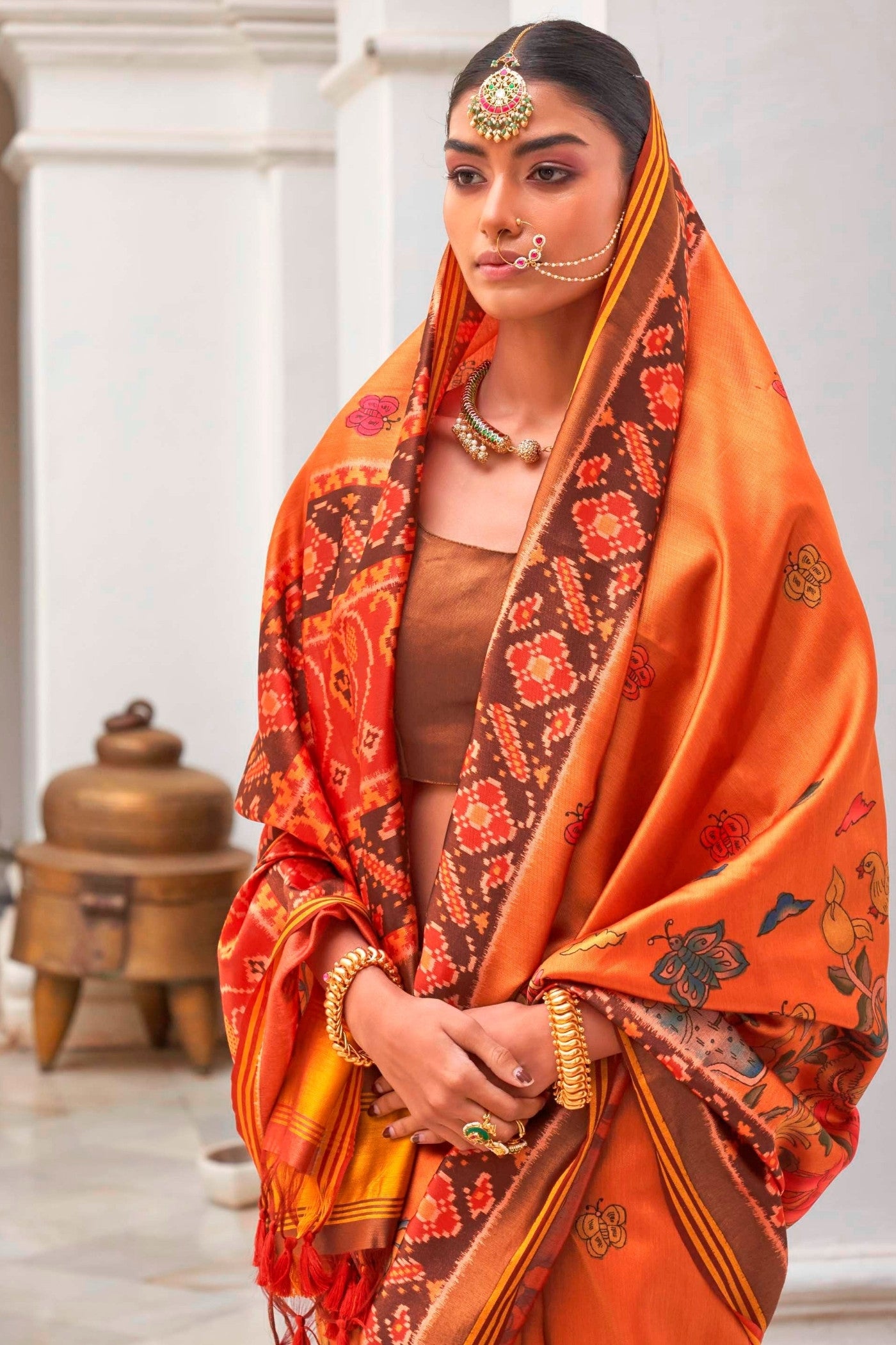 MySilkLove Pumpkin Orange Printed Patola Saree