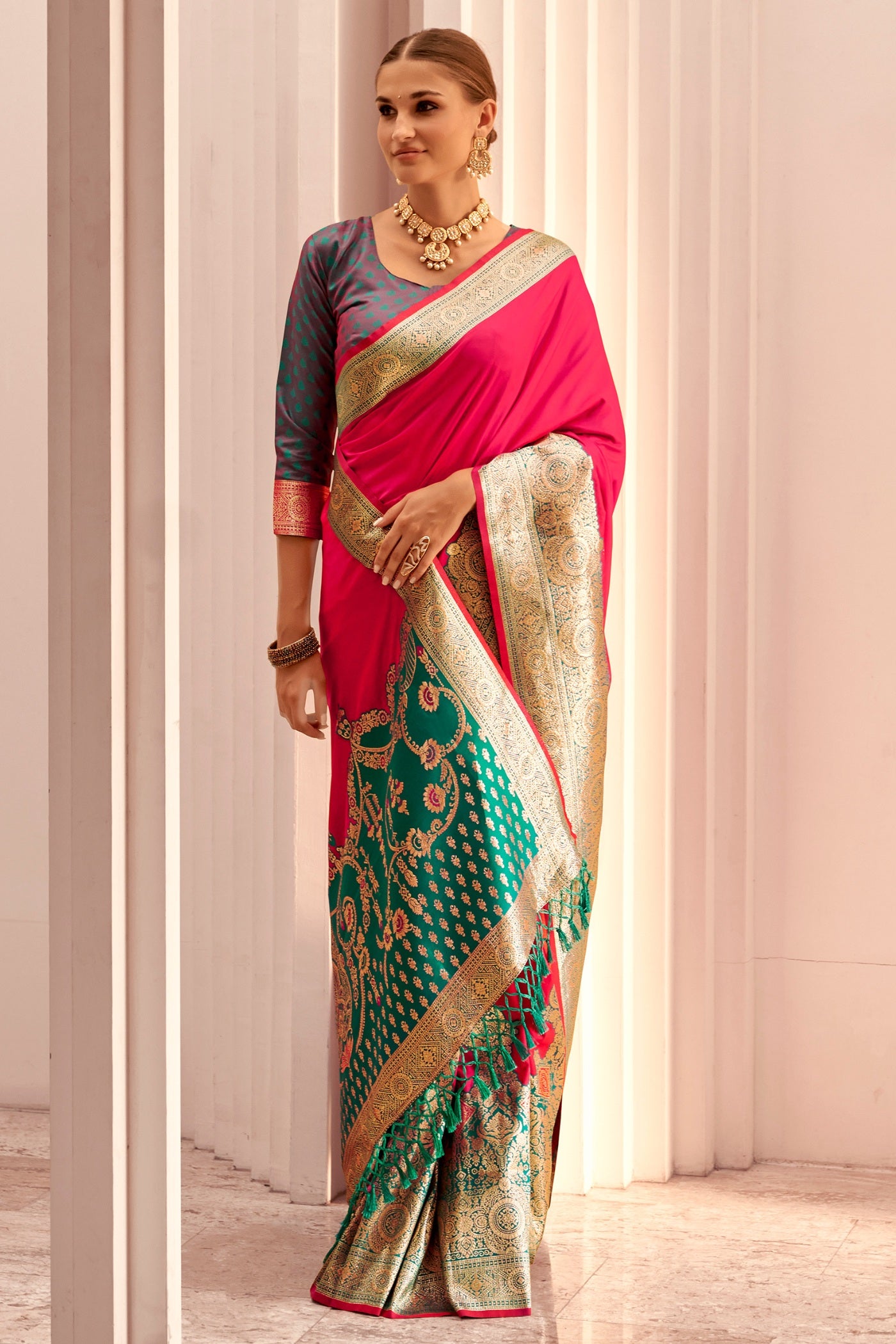 Buy MySilkLove Poppy Pink Woven Banarasi Soft Silk Saree Online