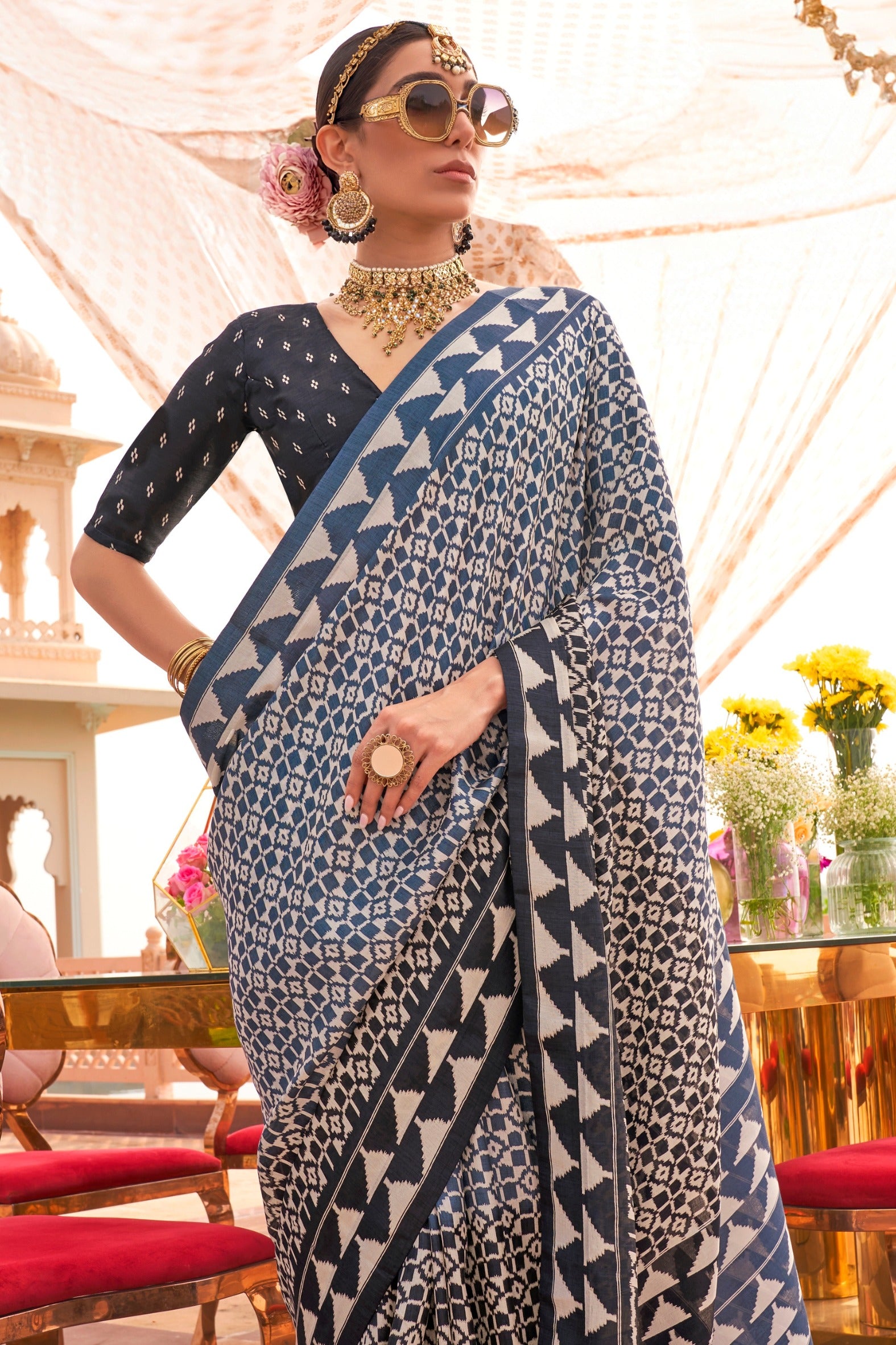 Buy MySilkLove Marble Blue and Black Printed Patola Saree Online