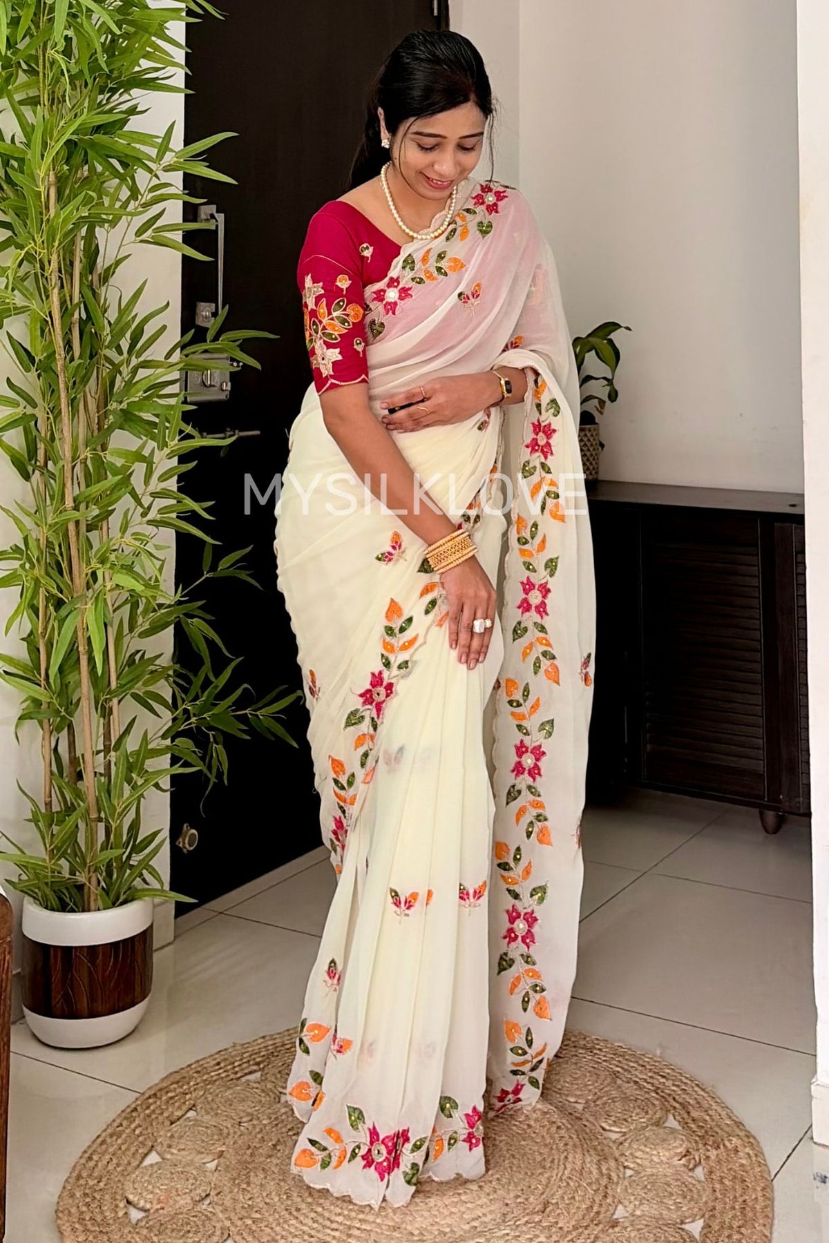 Buy MySilkLove Frost White Designer Embroidered Georgette Saree with Embroidery Blouse Piece Online