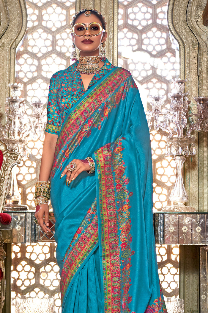 Buy MySilkLove Curious Blue Printed Banarasi Saree Online