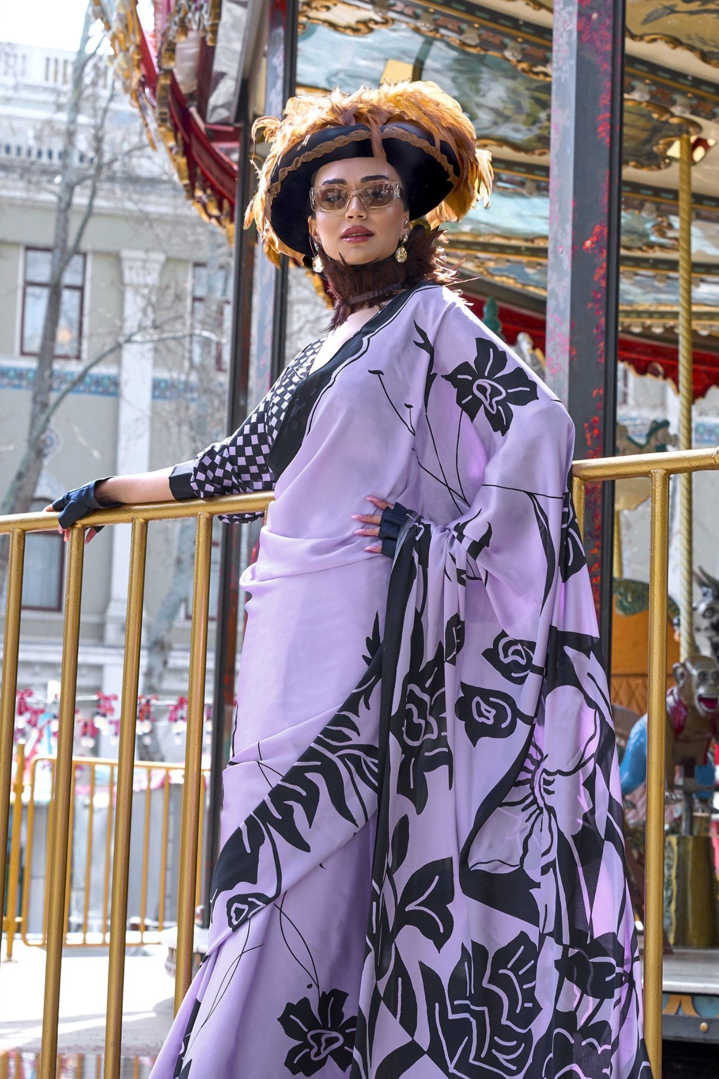 Buy MySilkLove Pale Purple Printed Satin Crepe Silk Saree Online