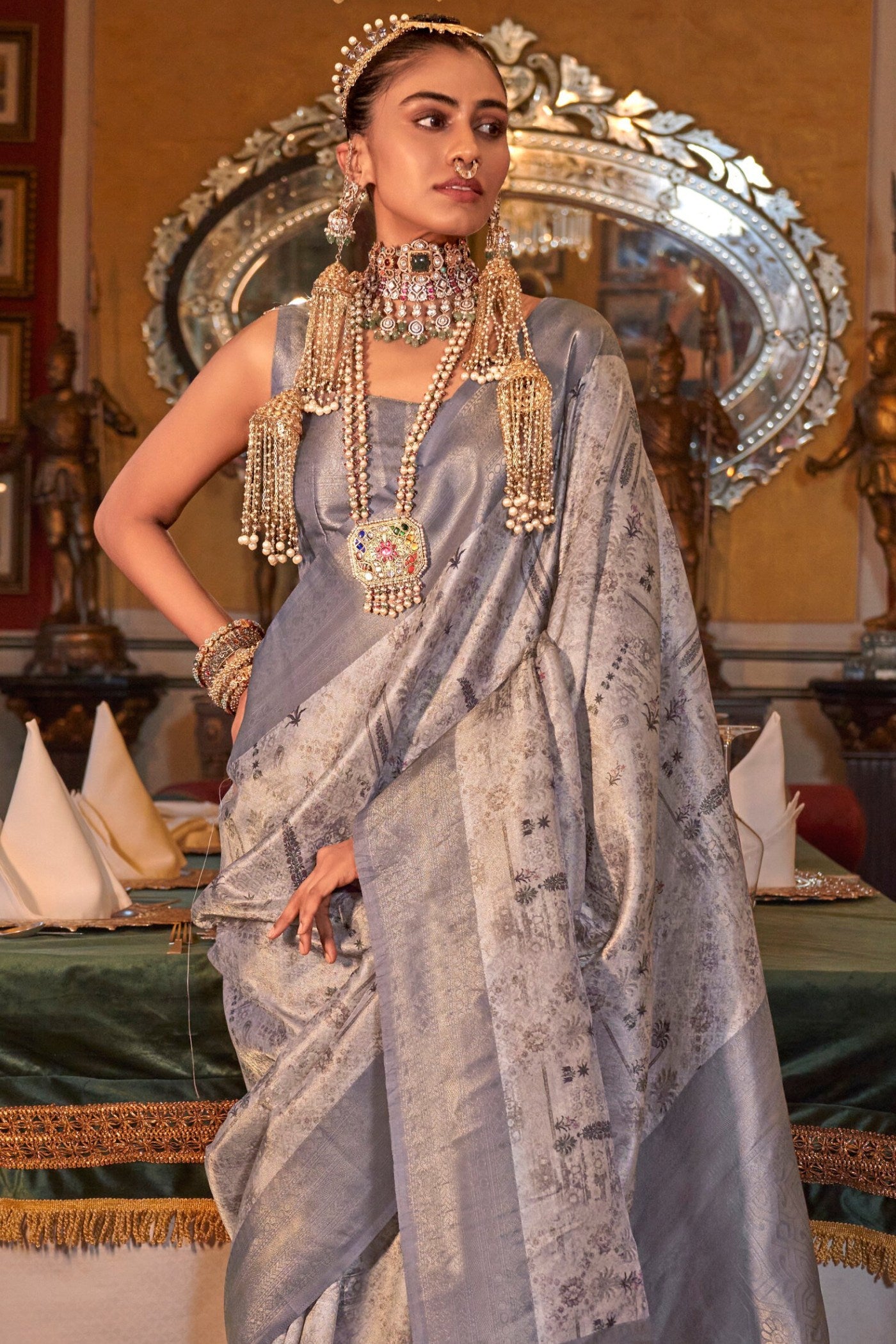 Buy MySilkLove Strawflowers Grey Banarasi Digital Printed Saree Online