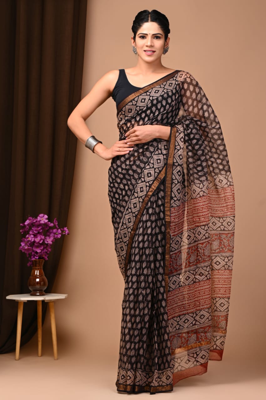 Buy MySilkLove Emperor Black Handblock Kota Doriya Saree Online