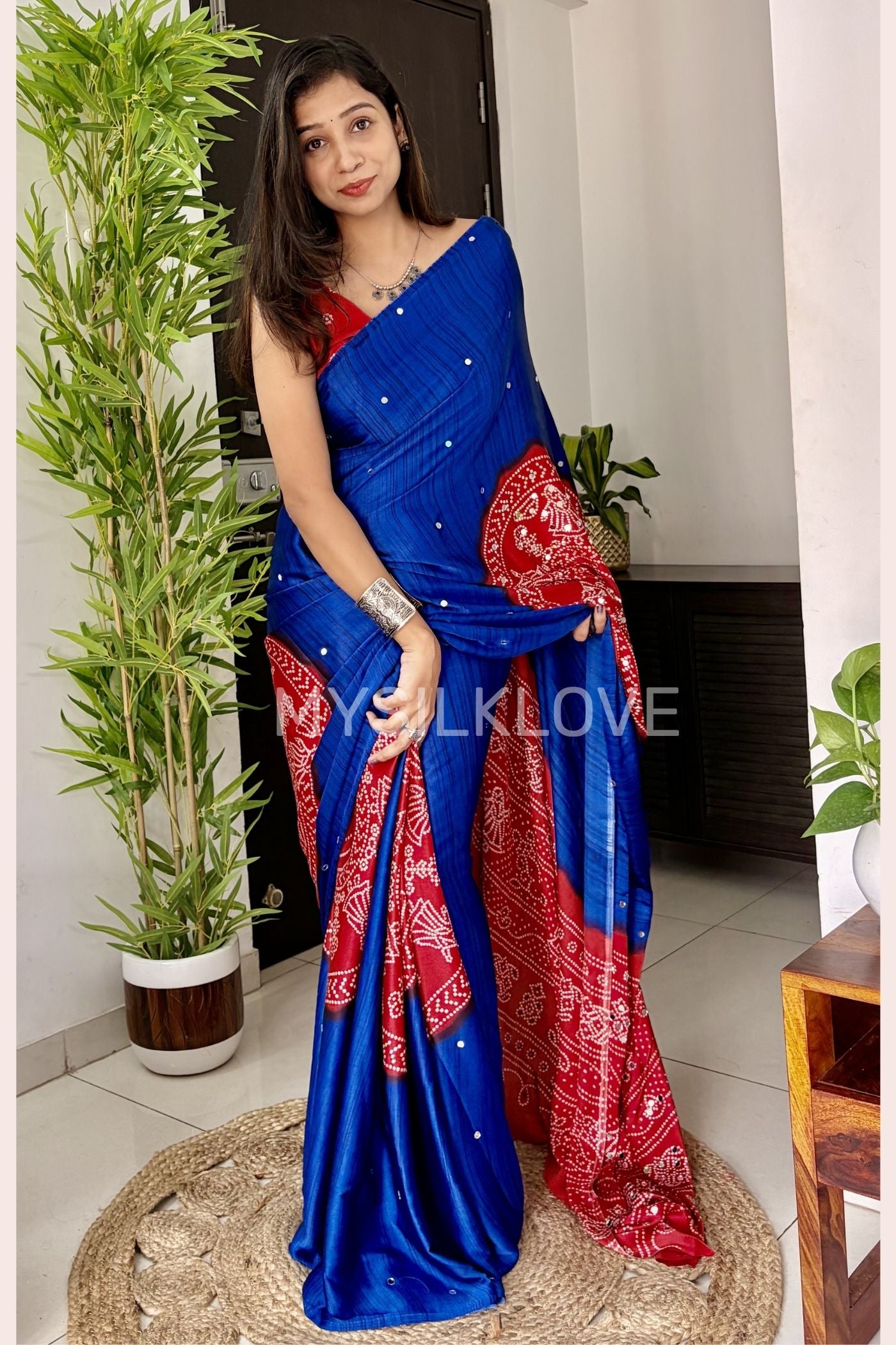 Buy MySilkLove Admiral Blue and Red Gaji Bandej Satin Soft Silk Saree Online