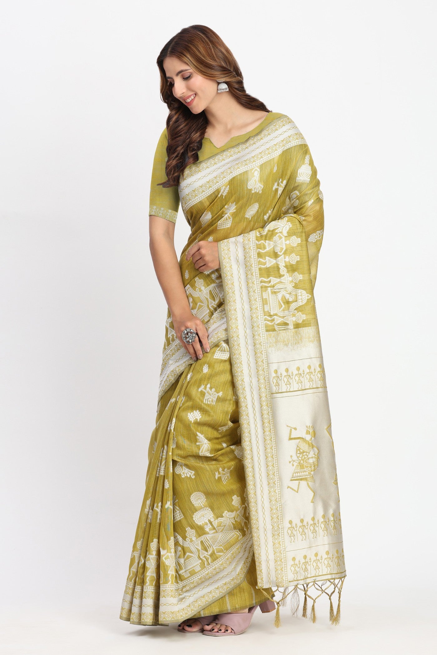Buy MySilkLove Green Lizard Woven Linen Cotton Saree Online