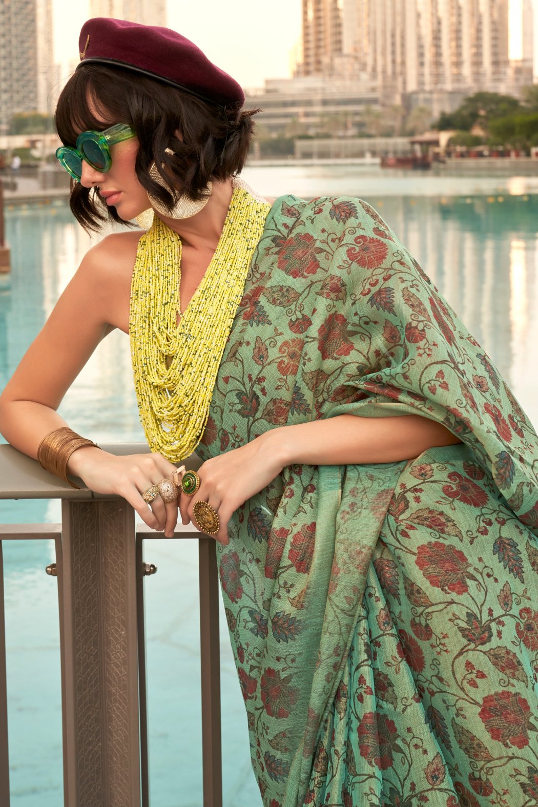 Buy MySilkLove Sage Green Printed Tissue Saree Online