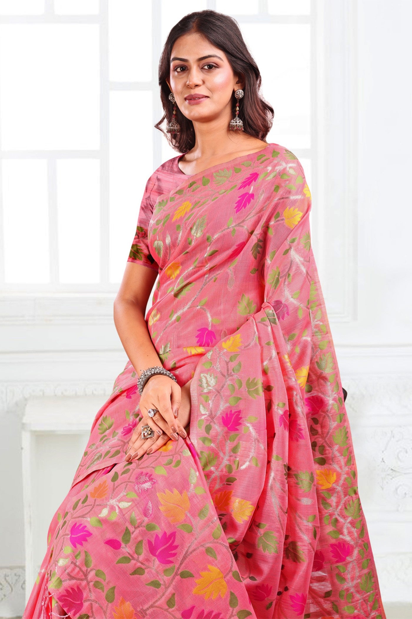 MySilkLove Coral Pink Woven Linen Cotton Saree