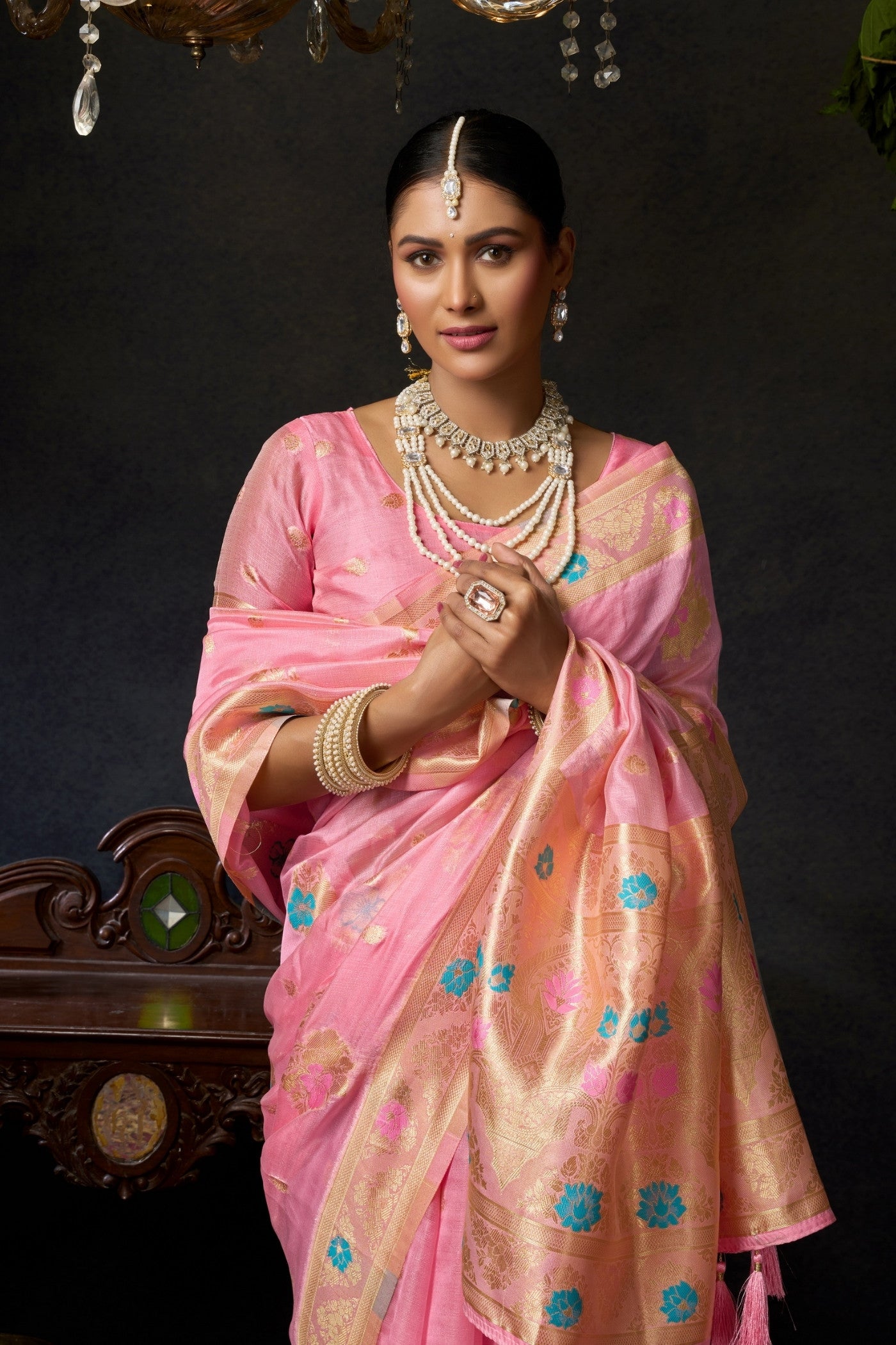 Buy MySilkLove Blossom Pink Woven Banarasi Organza Saree Online