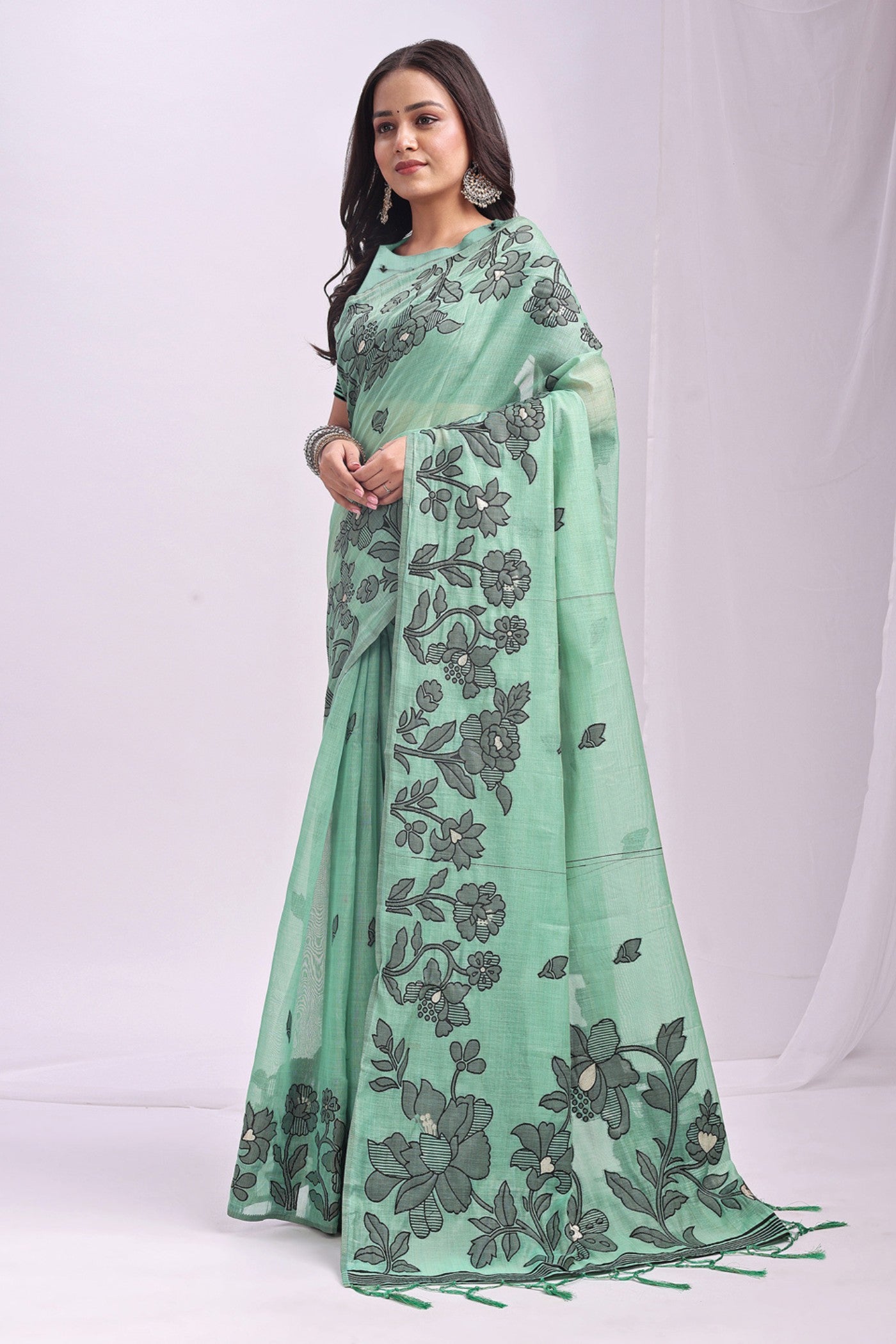 Buy MySilkLove Rama Green Woven Linen Cotton Saree Online
