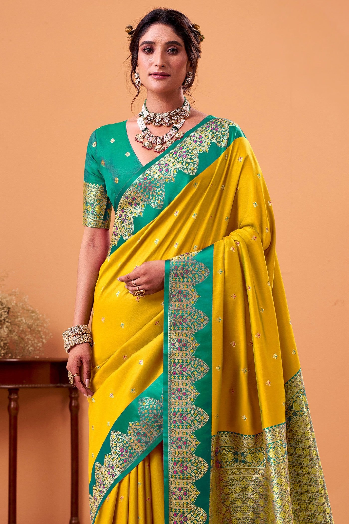 Buy MySilkLove Minion Yellow Woven Satin Soft Silk Saree Online