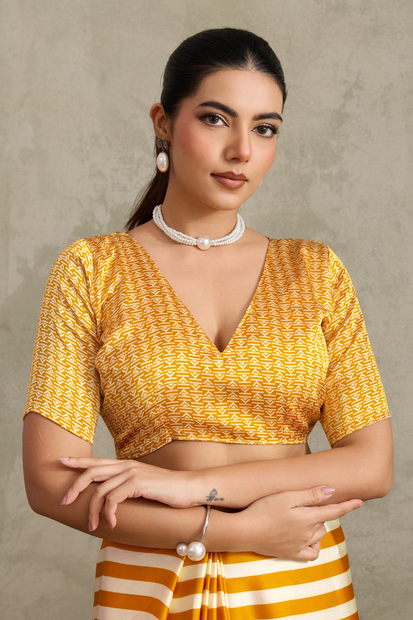 Buy MySilkLove Cyber Yellow Ajrakh Printed Satin Crepe Silk Saree Online