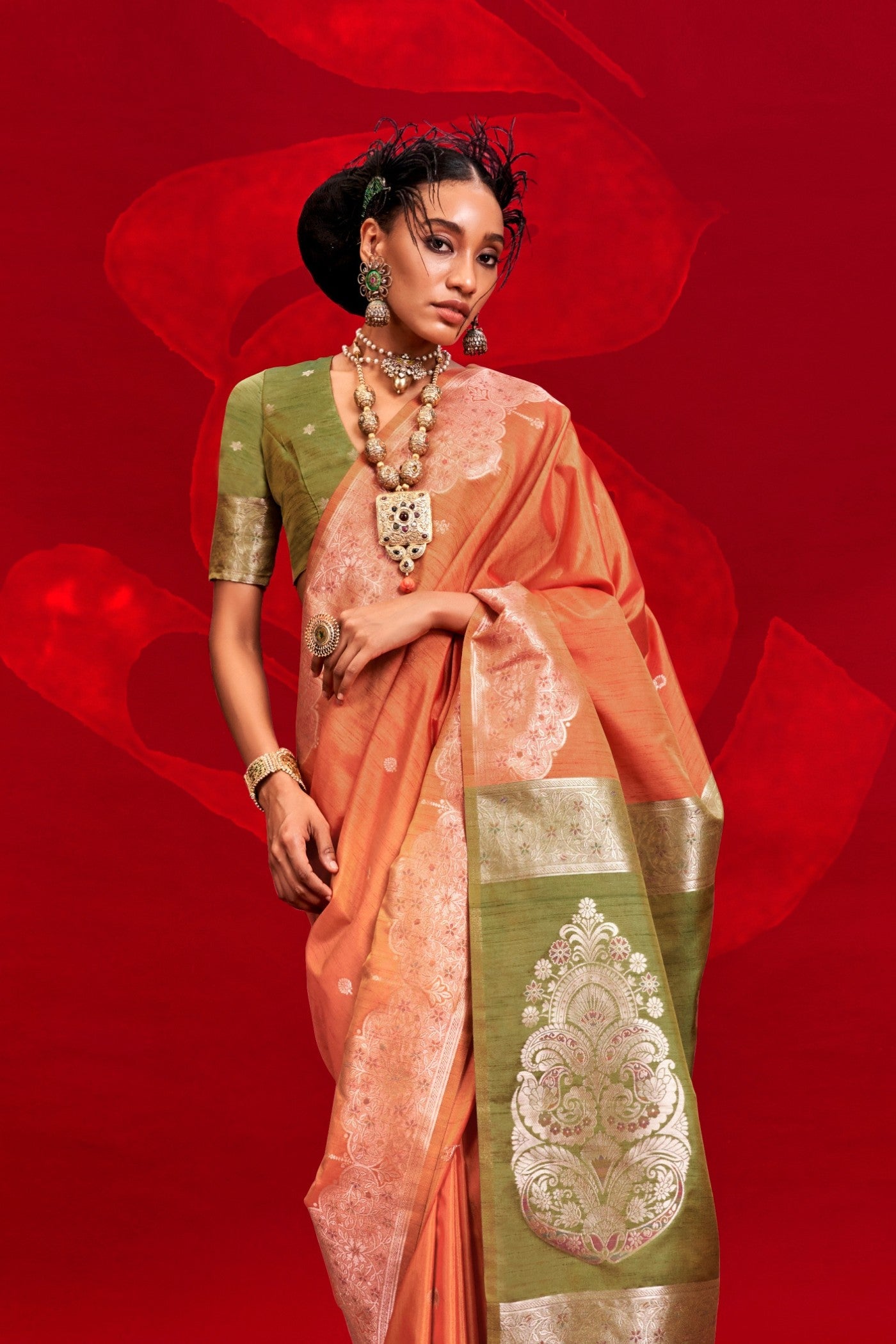 Buy MySilkLove Apricot Orange Tussar Handloom Silk Saree Online